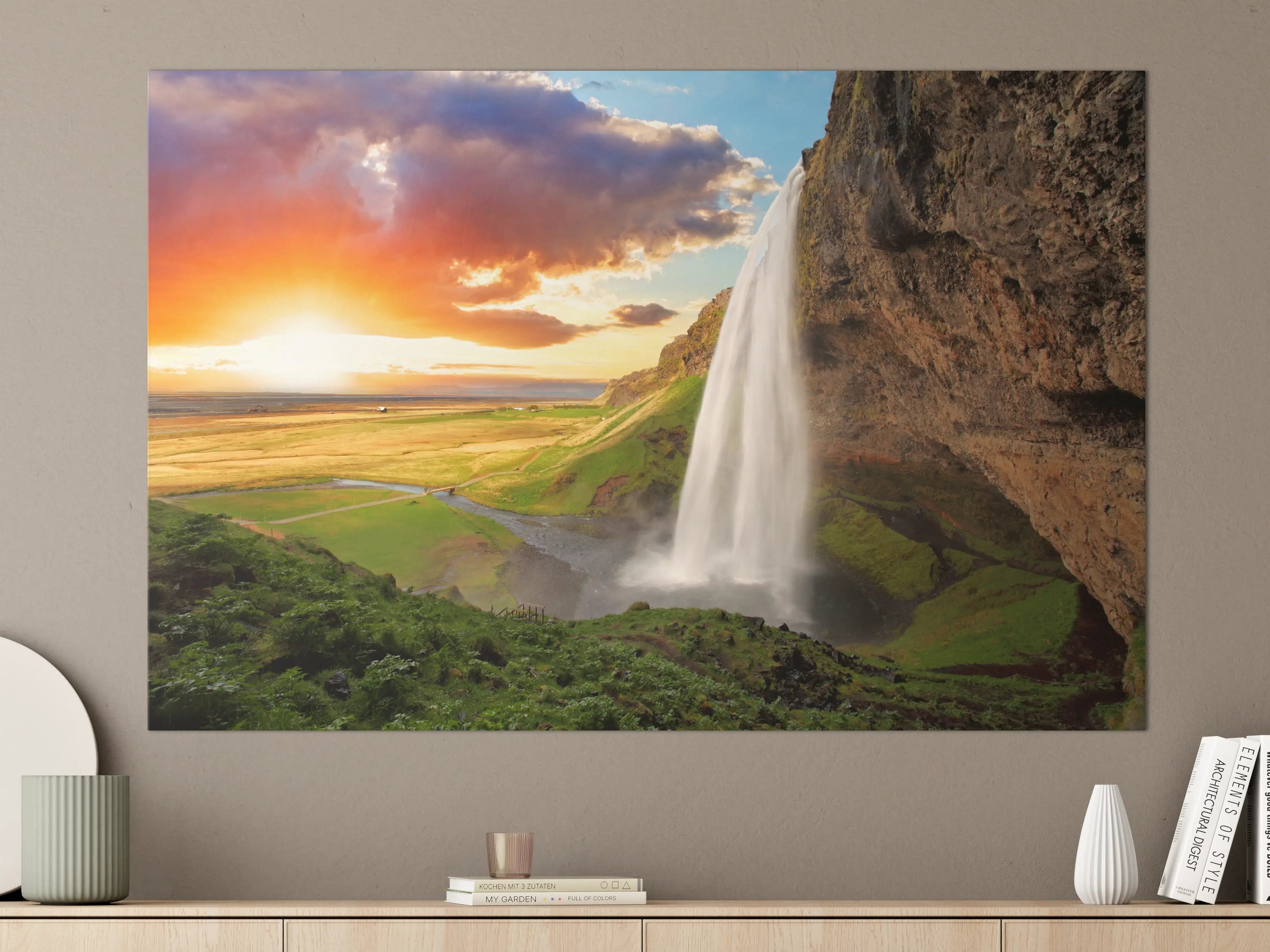 Große Wandbilder - Seljalandsfoss Wasserfall bei Sonnenuntergang