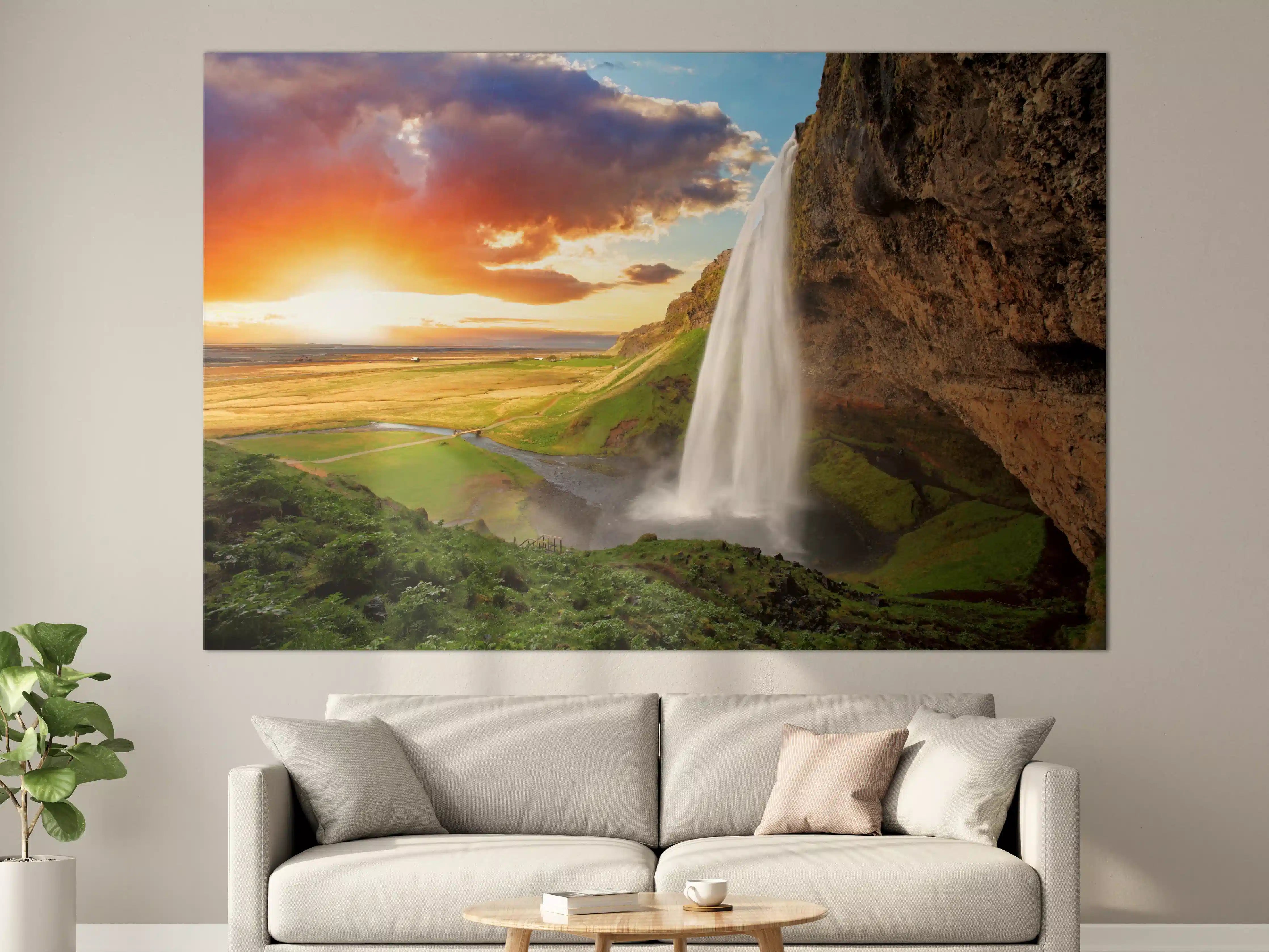 Große Wandbilder - Seljalandsfoss Wasserfall bei Sonnenuntergang