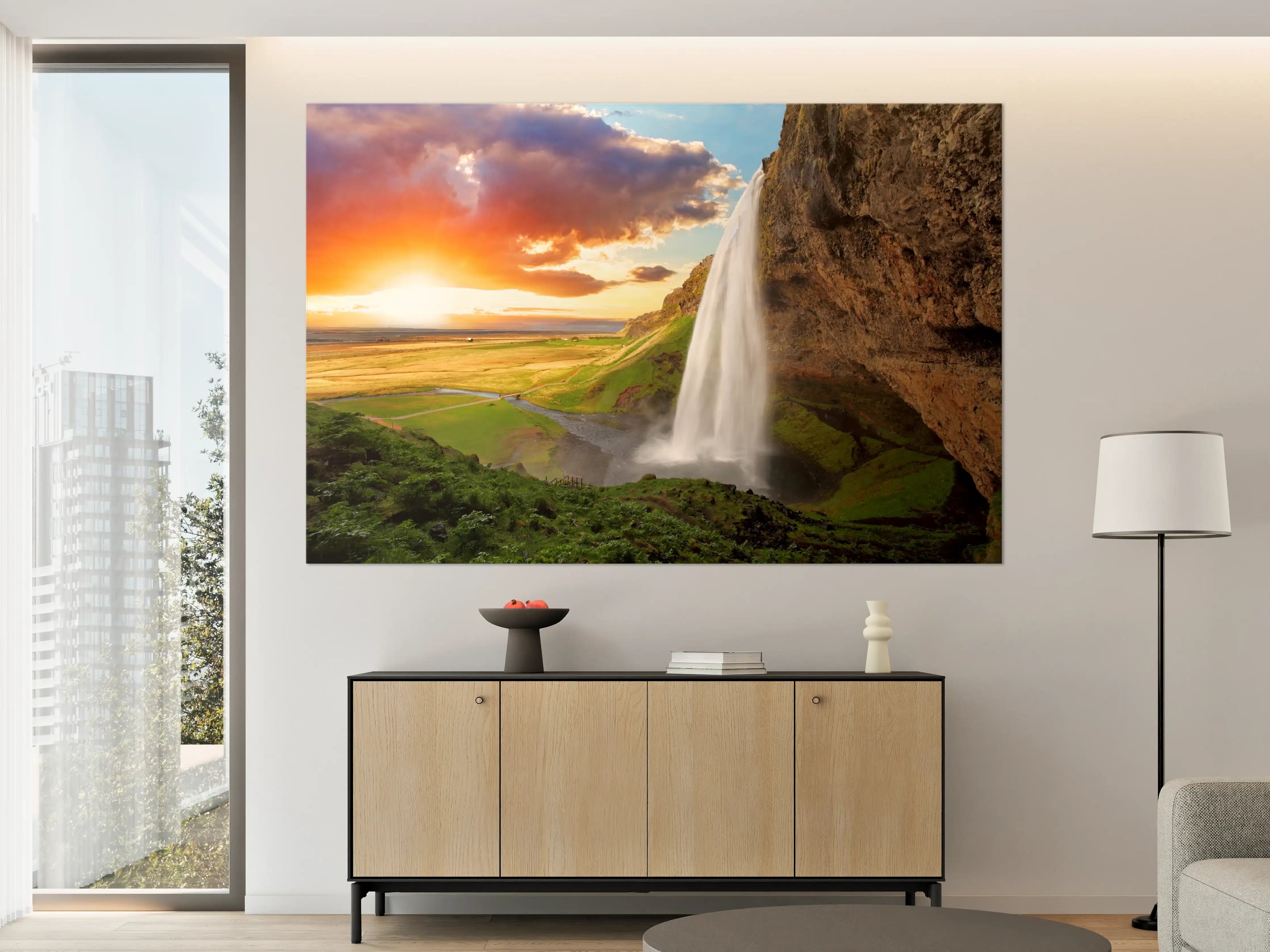 Große Wandbilder - Seljalandsfoss Wasserfall bei Sonnenuntergang