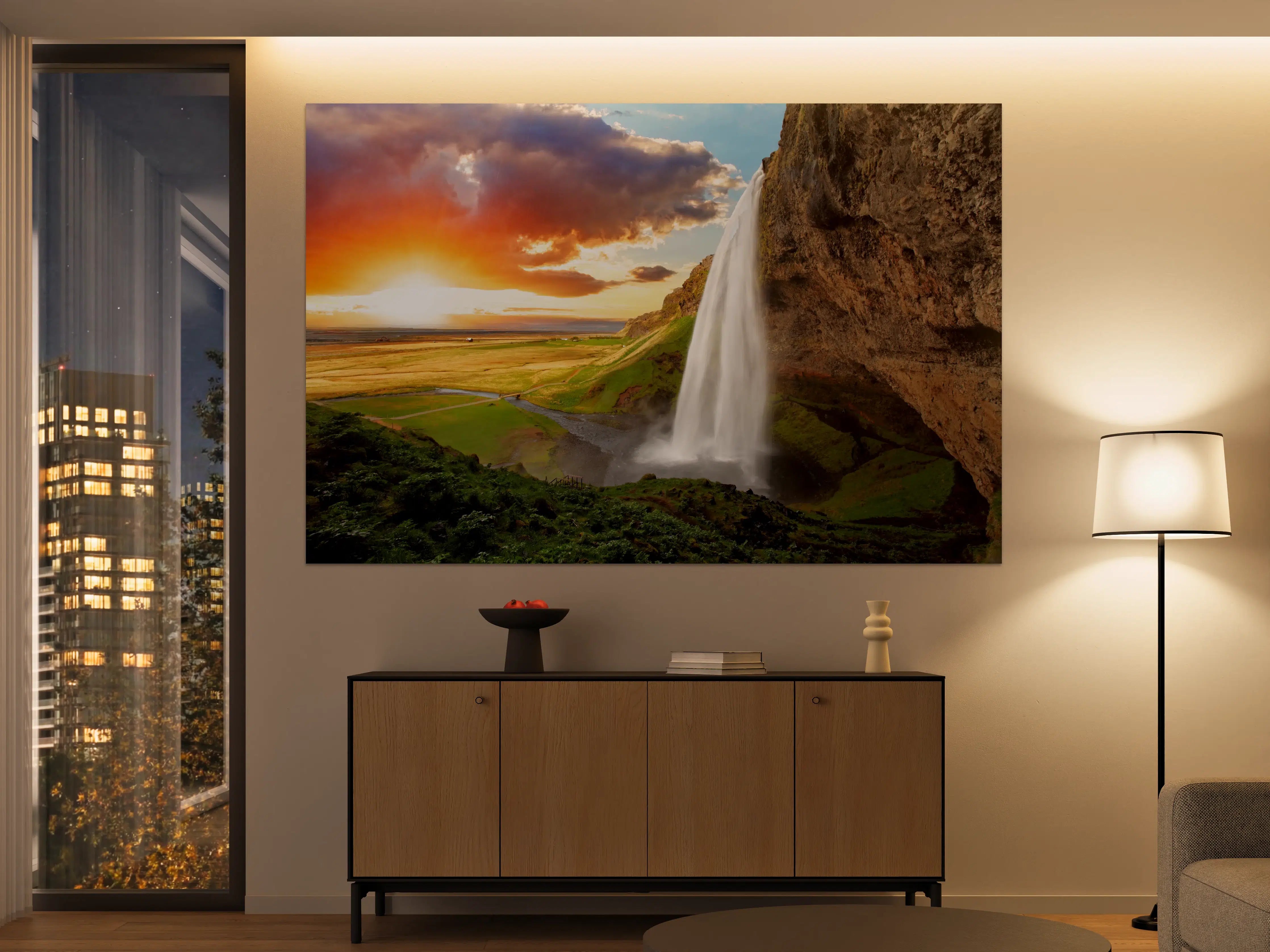 Große Wandbilder - Seljalandsfoss Wasserfall bei Sonnenuntergang