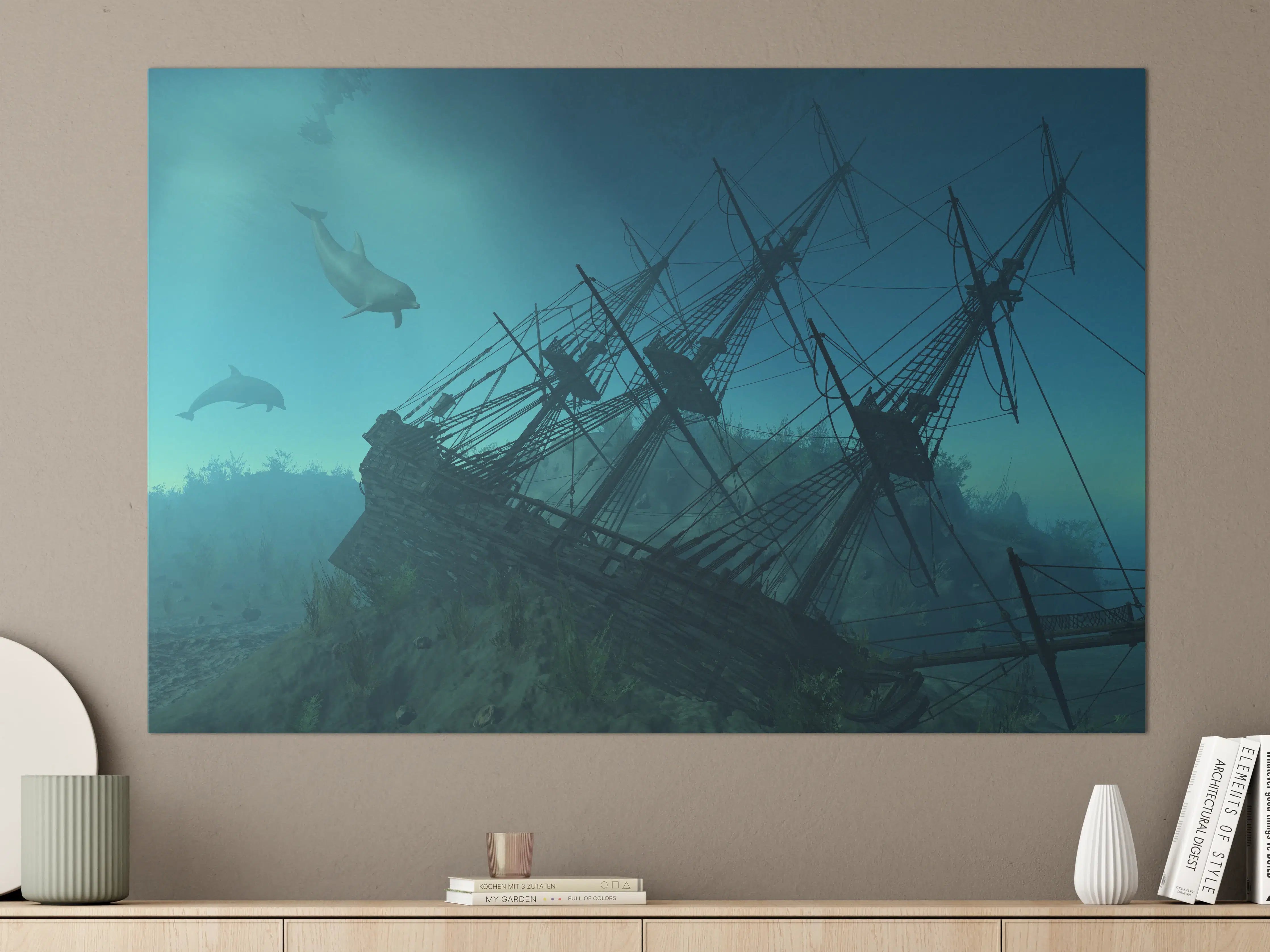 Große Wandbilder - mystisches Schiffswrack mit Delfinen