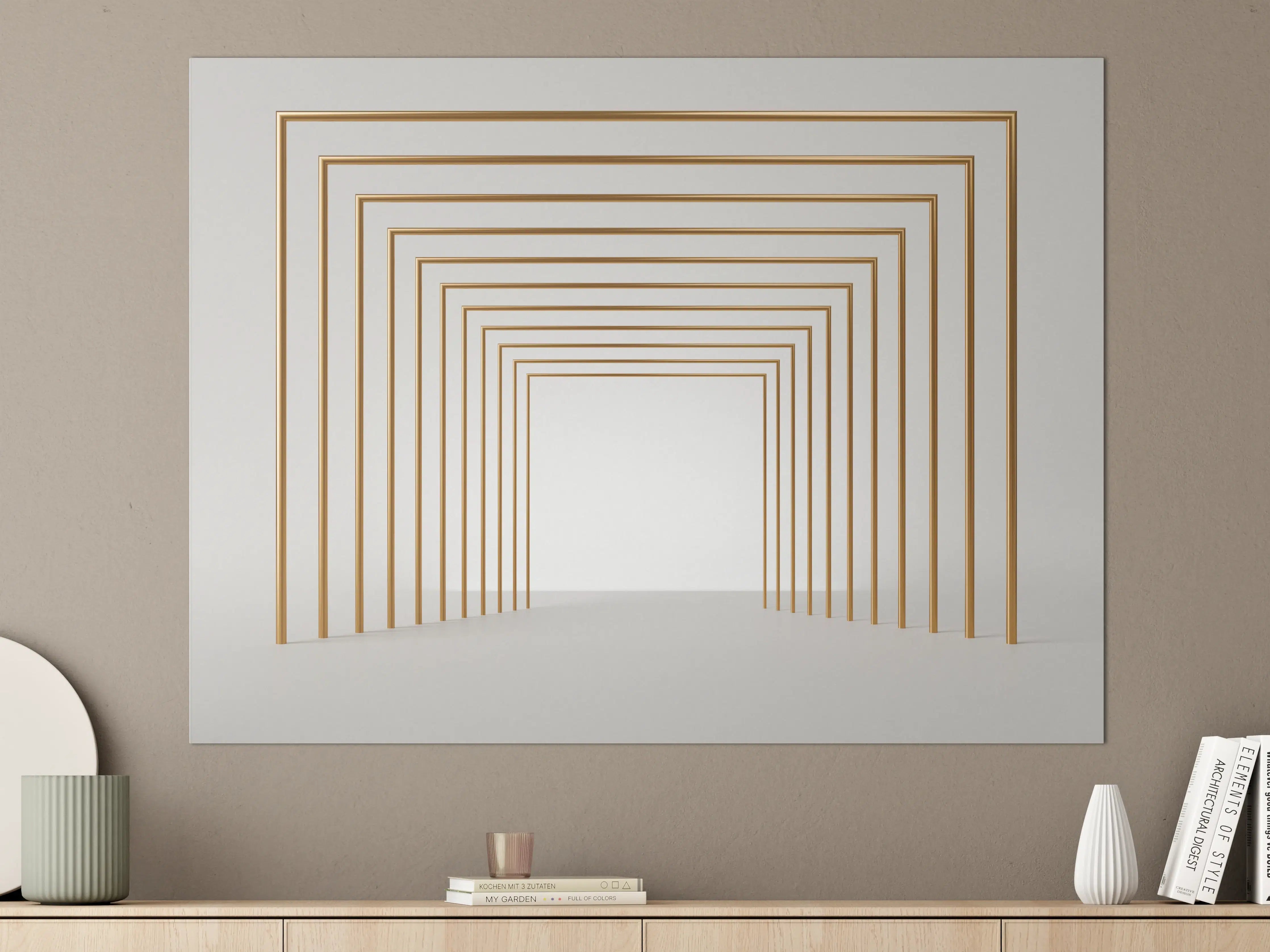 Große Wandbilder - 3D-Design eines Tunnels mit vergoldeten Stangen
