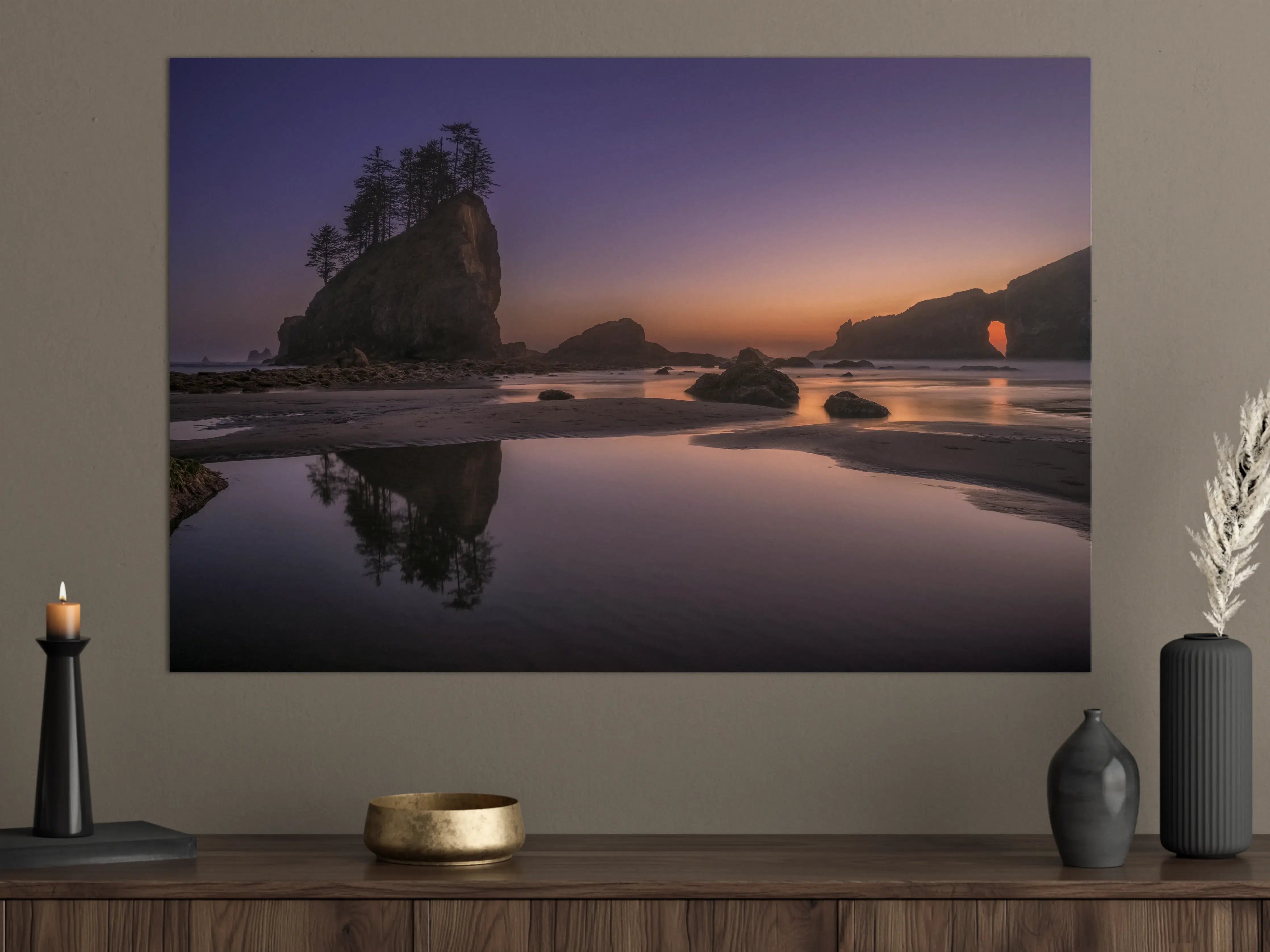 Große Wandbilder - Abendlicher Strand mit Felsen bei Sonnenuntergang