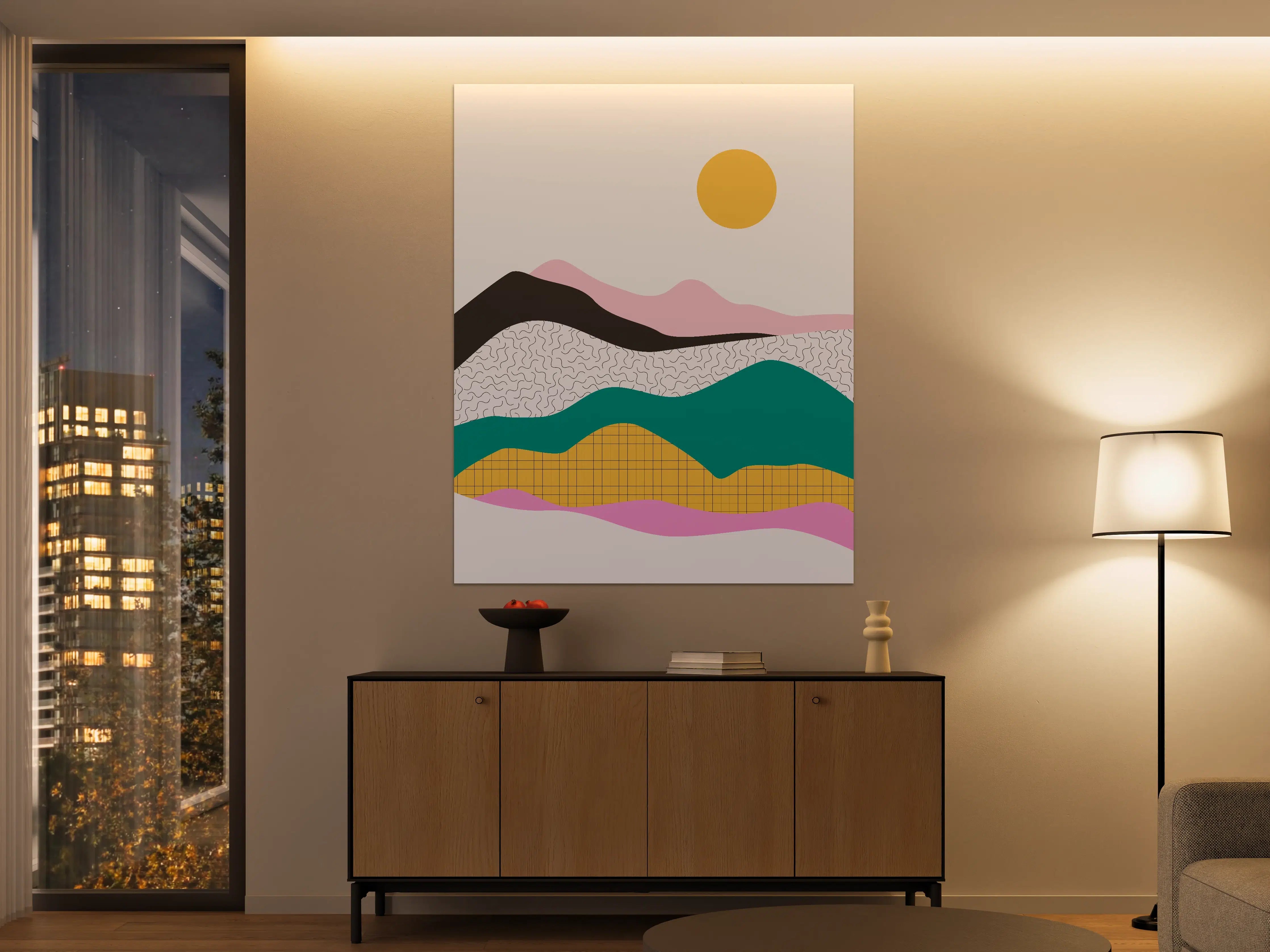 Große Wandbilder - Abstrakte Berglandschaft mit Sonne