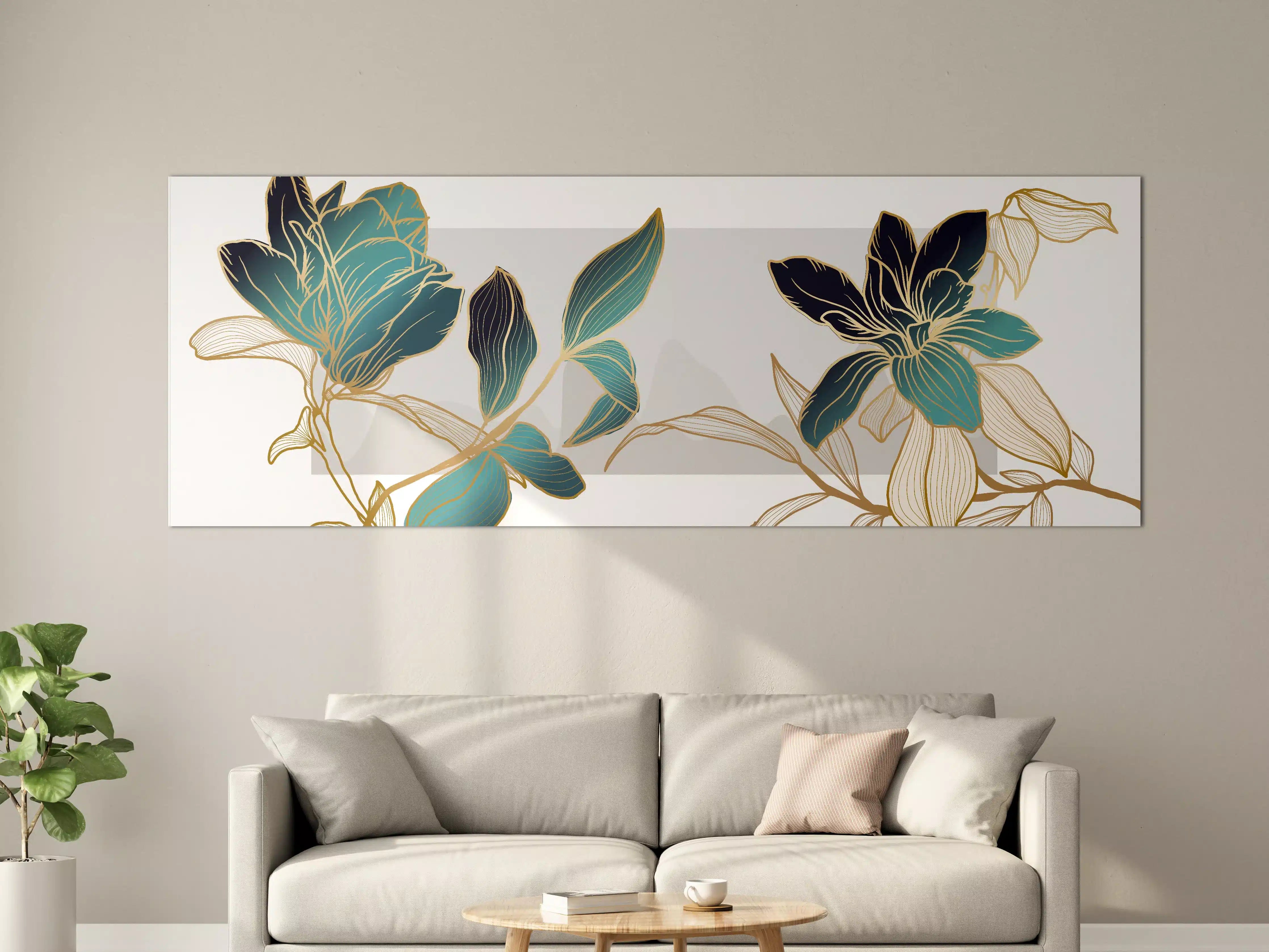Große Wandbilder - Abstrakte Blumen Gold-Blau Illustration