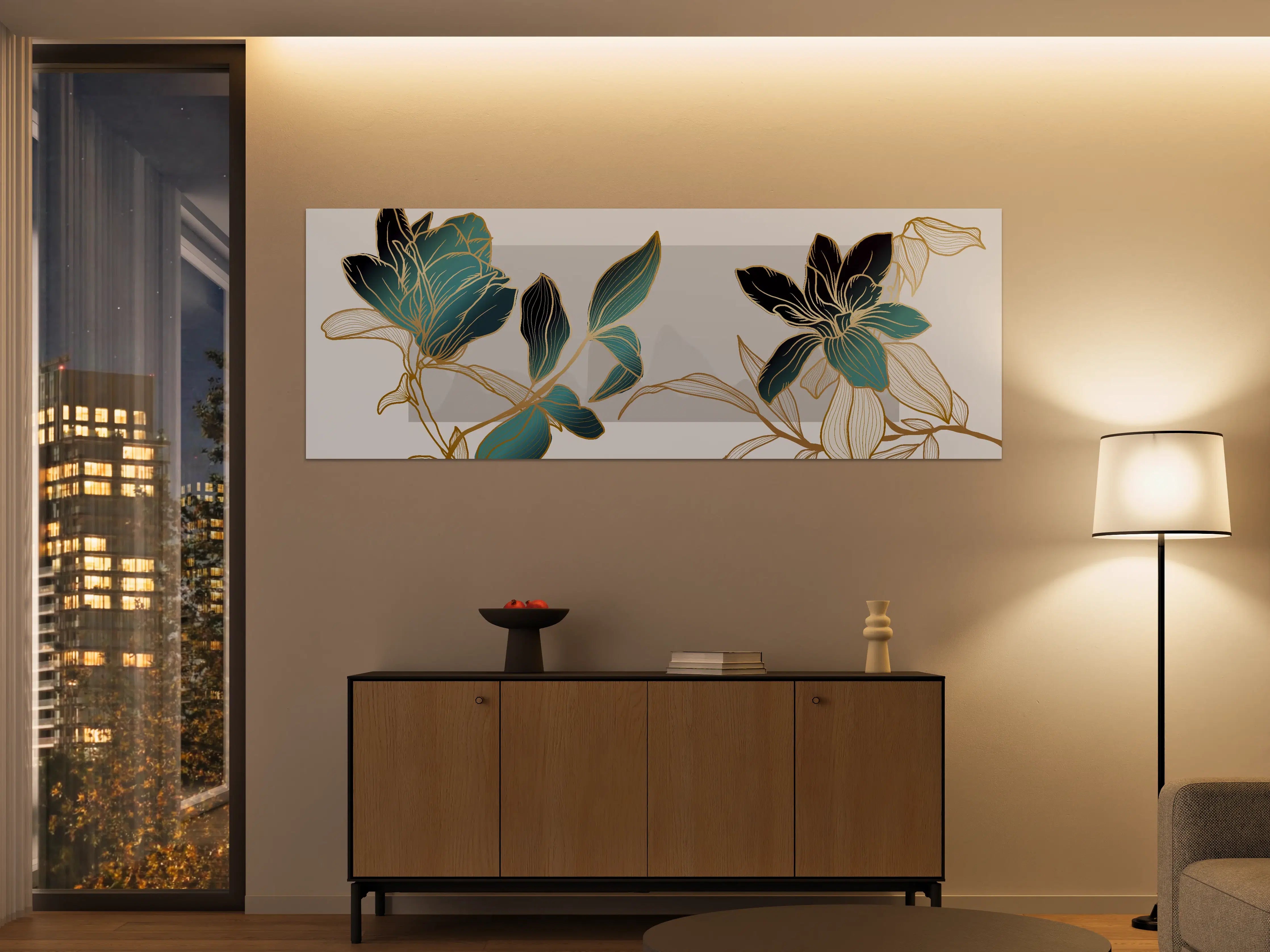 Große Wandbilder - Abstrakte Blumen Gold-Blau Illustration