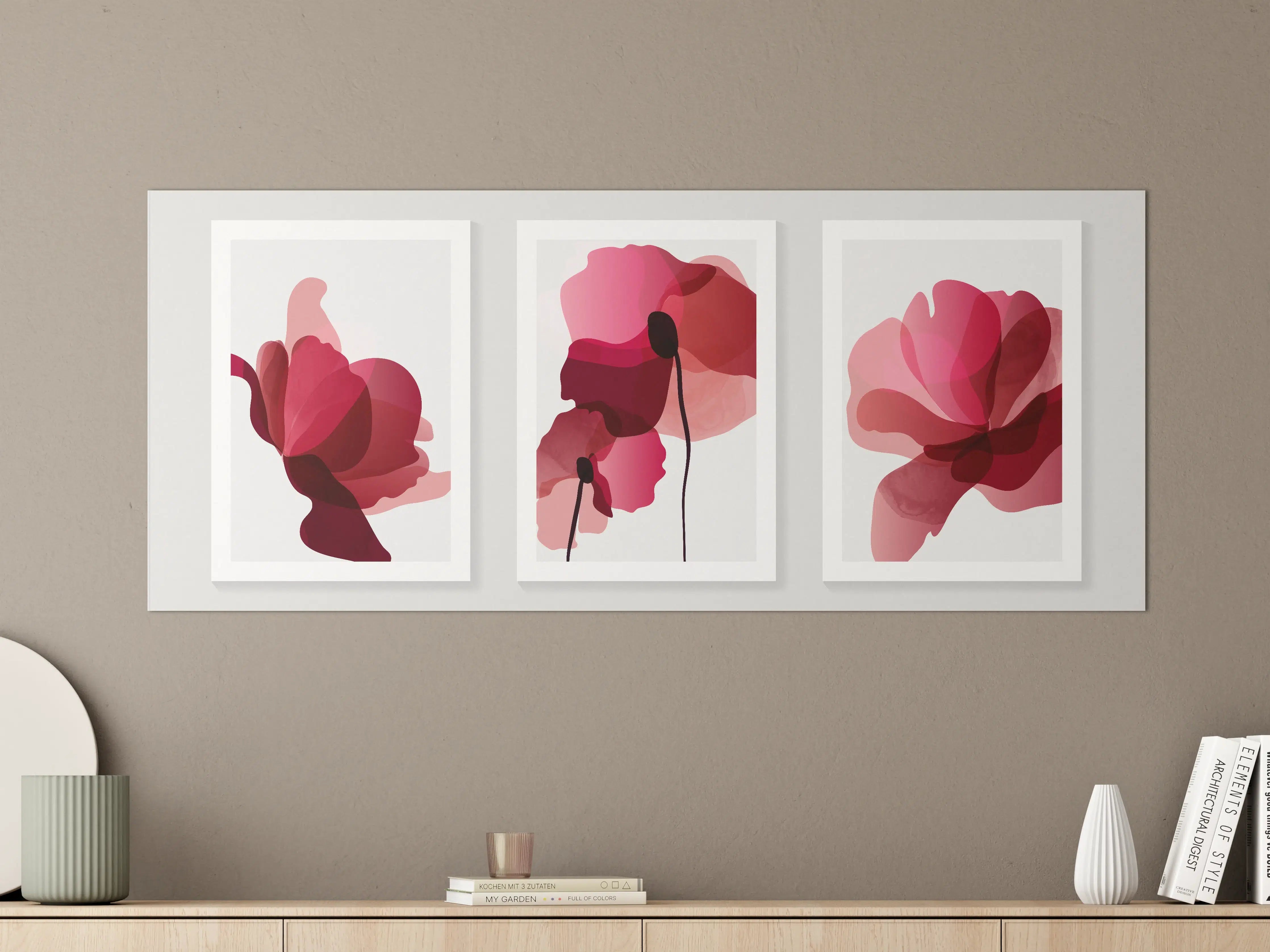 Große Wandbilder - Abstrakte Blumen Triptychon Rot