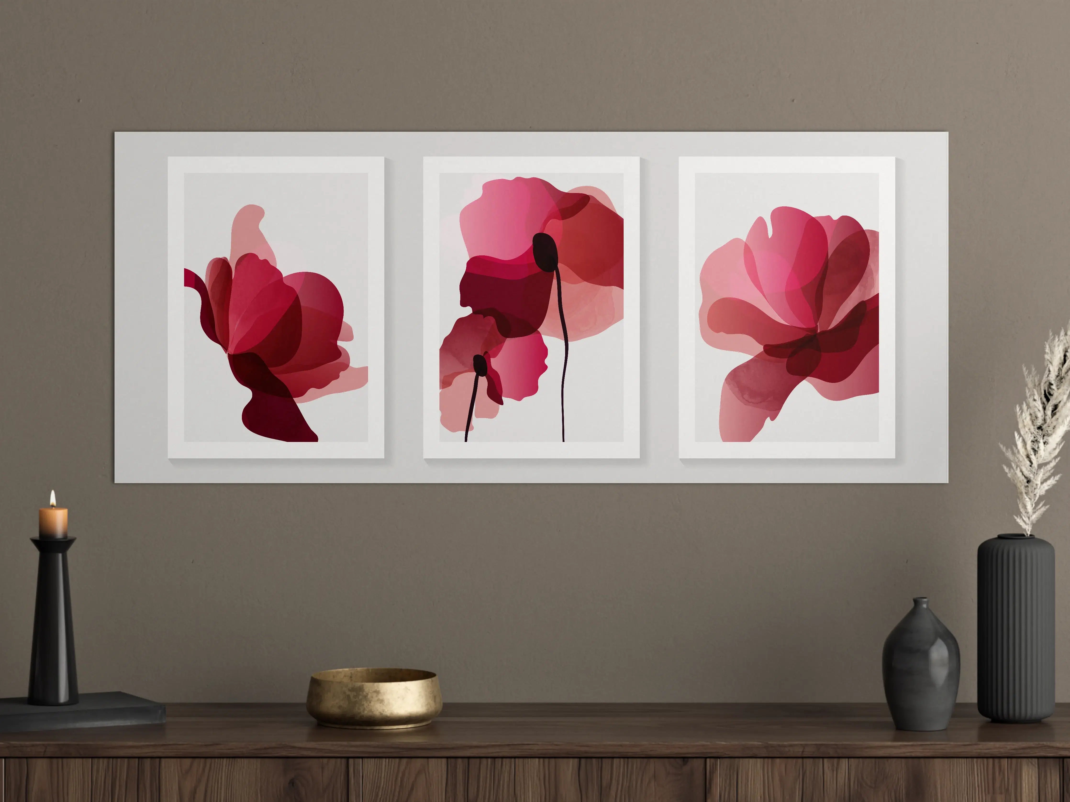 Große Wandbilder - Abstrakte Blumen Triptychon Rot