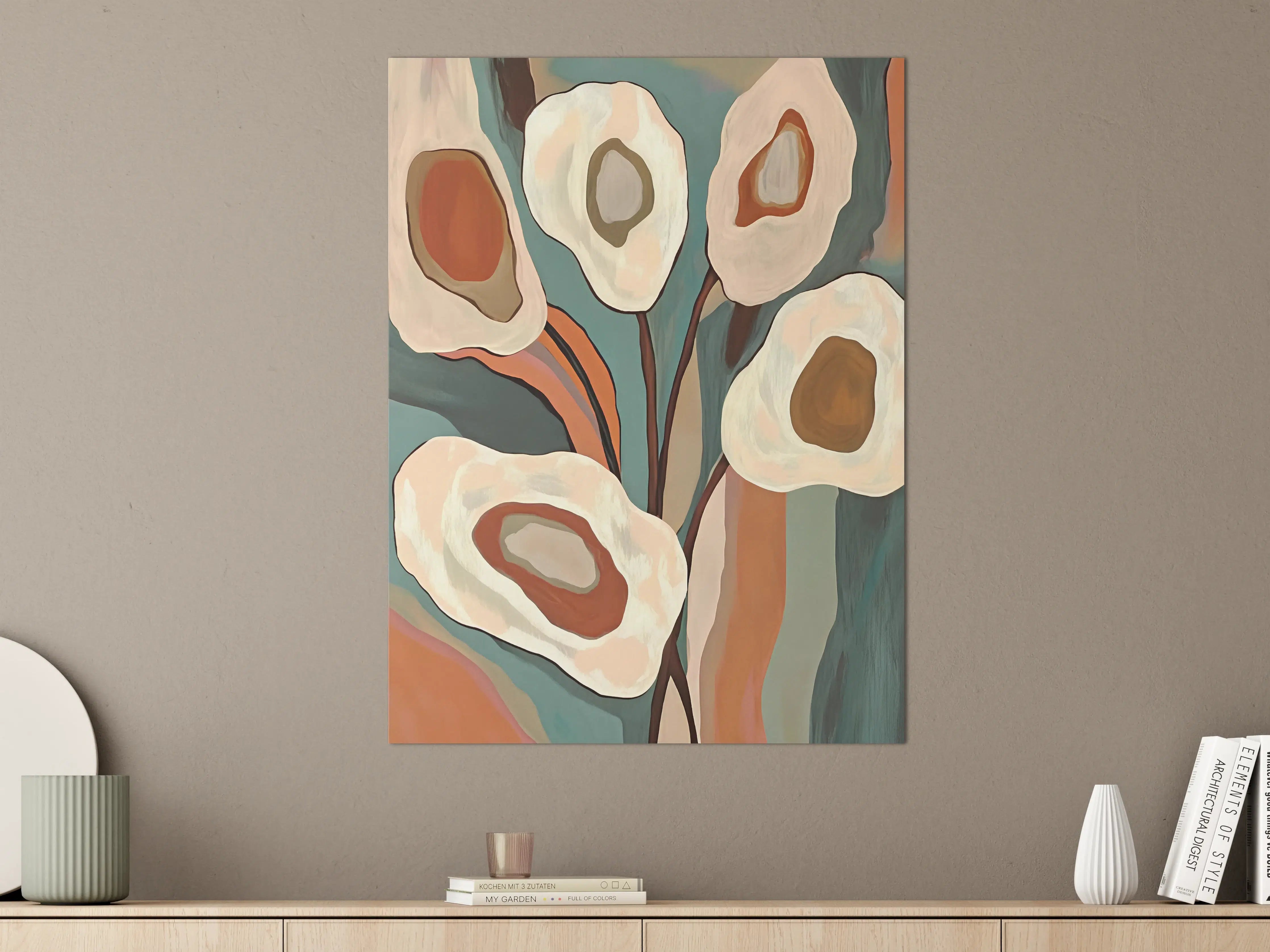 Große Wandbilder - Abstrakte Blumenmalerei in warmen Erdtönen