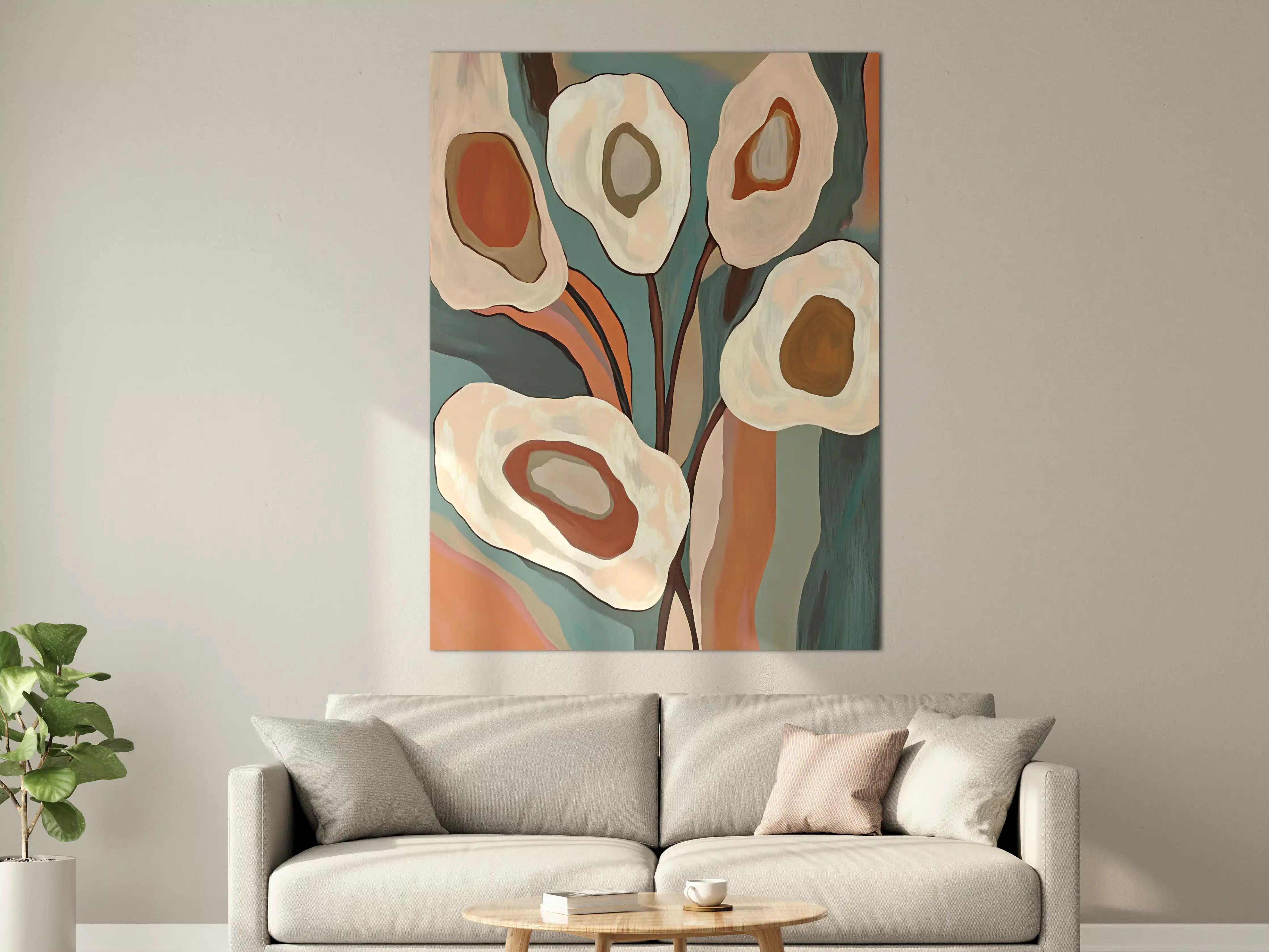 Große Wandbilder - Abstrakte Blumenmalerei in warmen Erdtönen