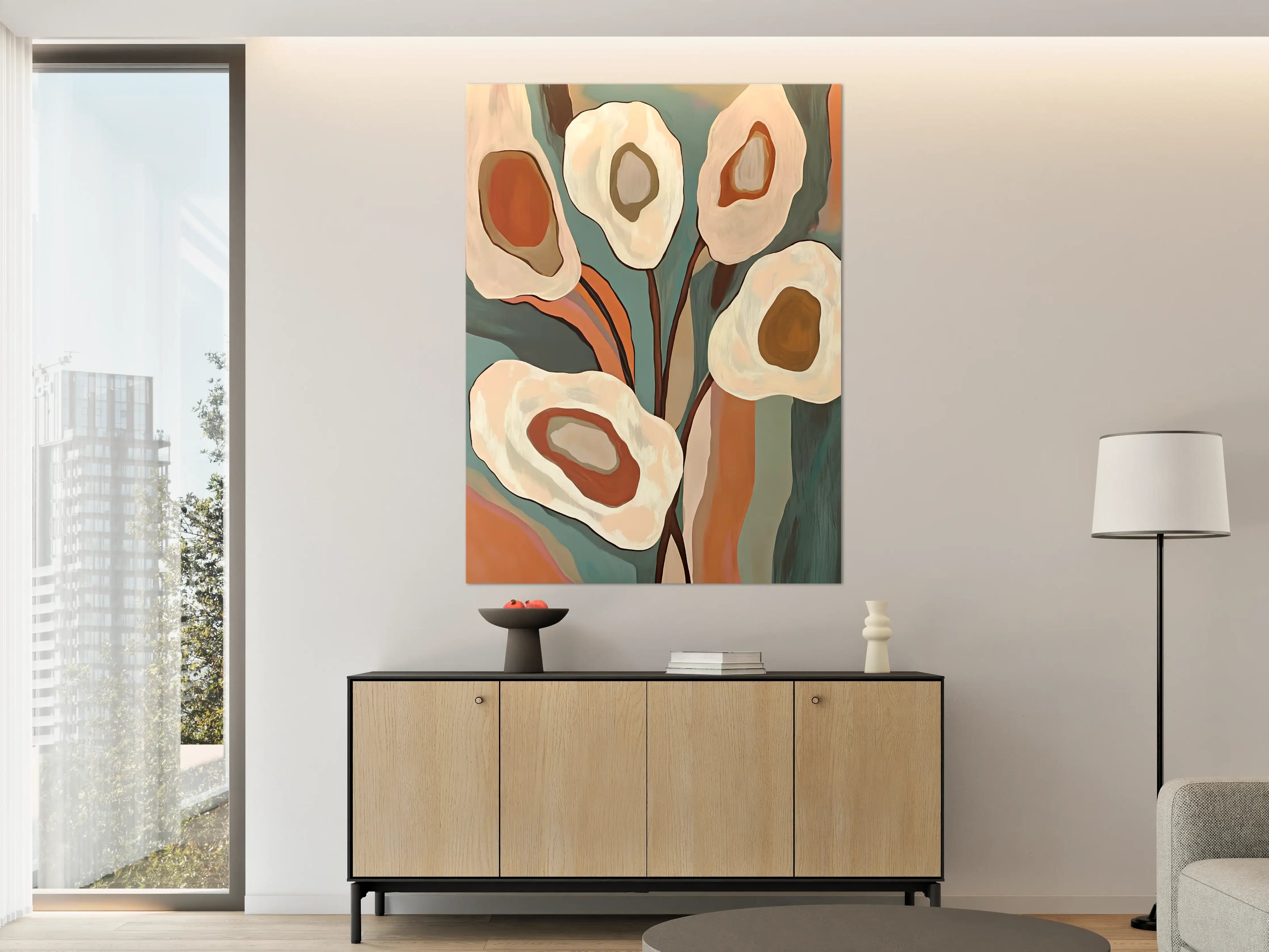 Große Wandbilder - Abstrakte Blumenmalerei in warmen Erdtönen