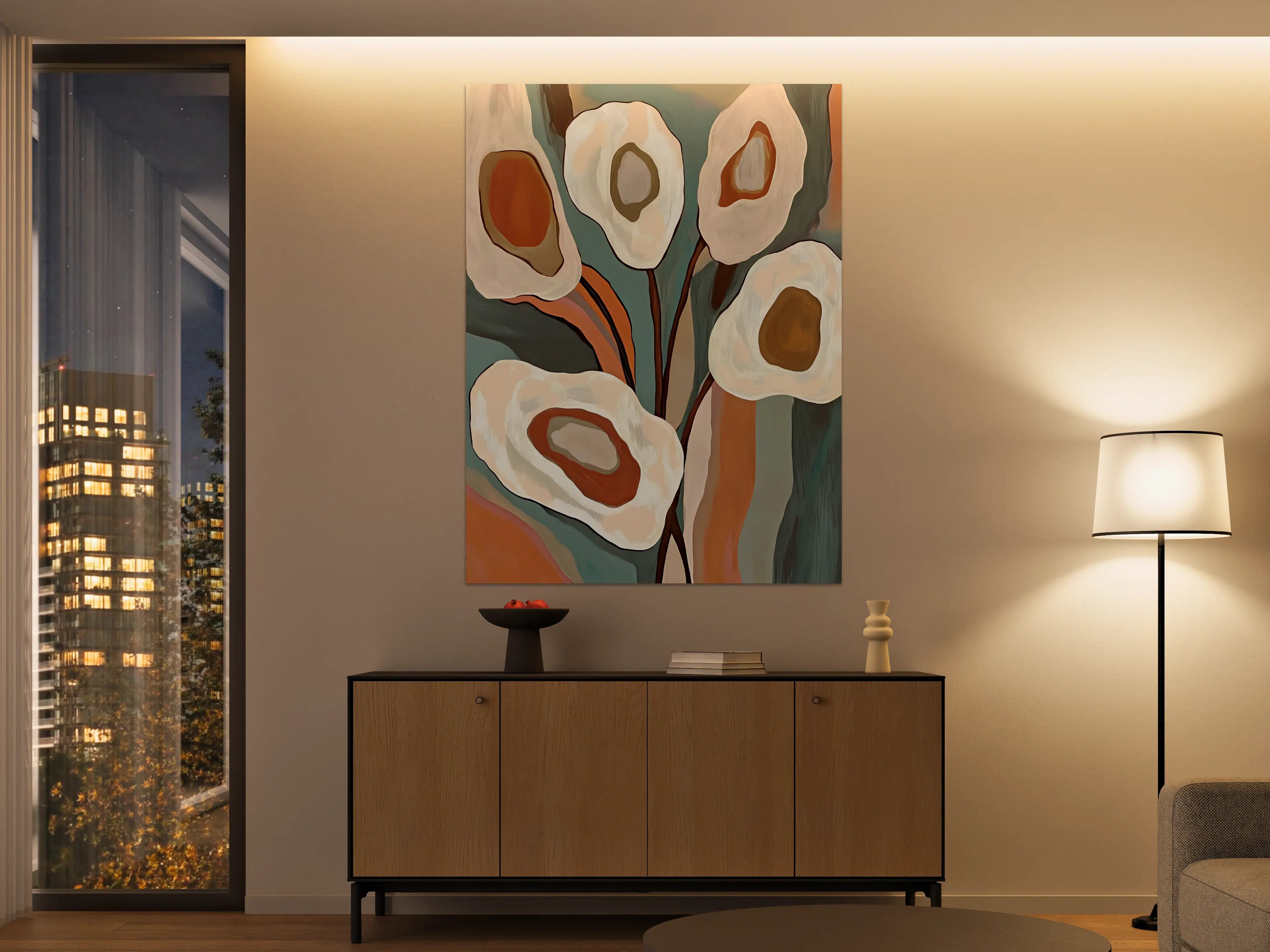 Große Wandbilder - Abstrakte Blumenmalerei in warmen Erdtönen