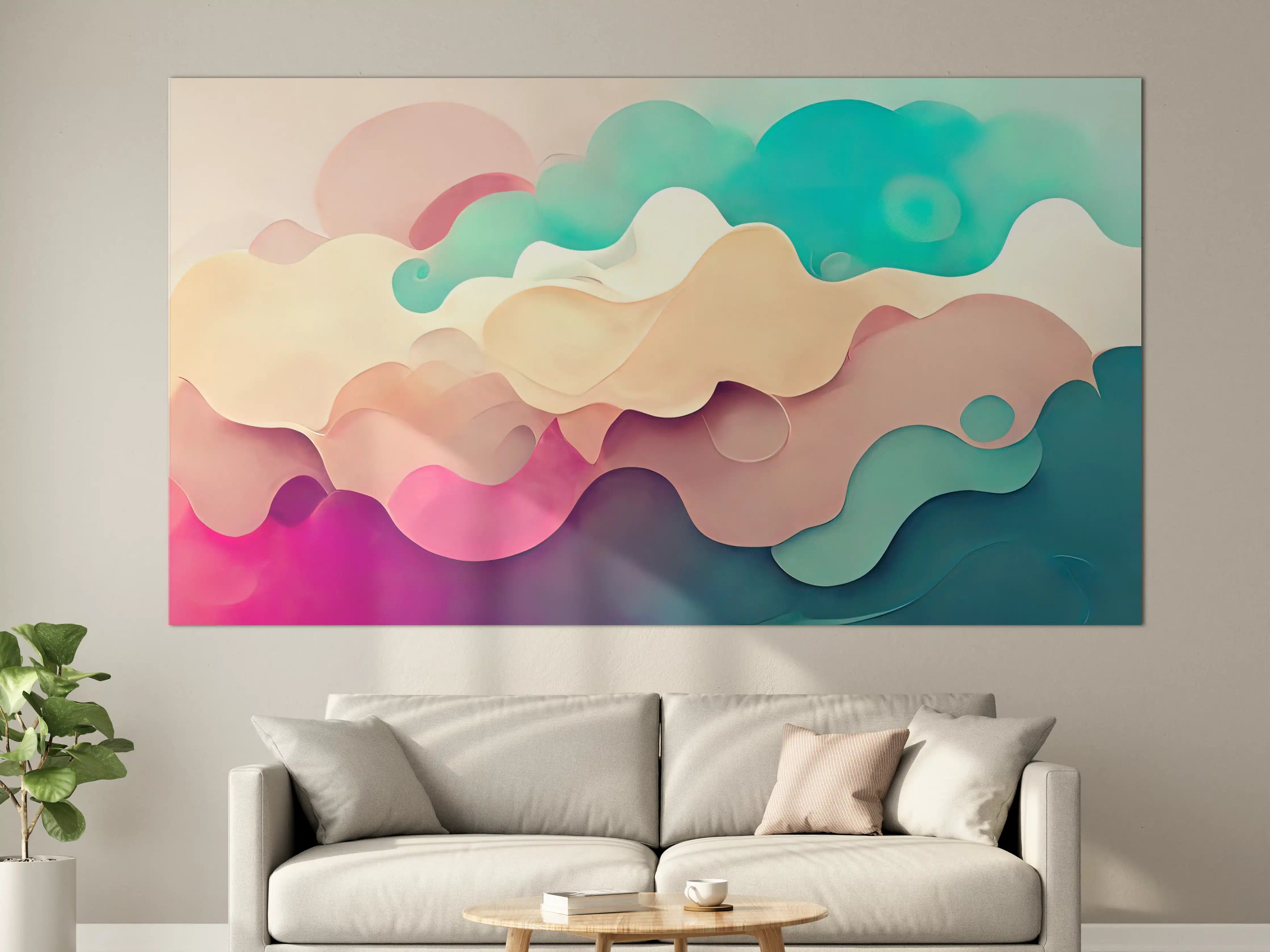 Große Wandbilder - Abstrakte Farbwolken in Pastell- und Türkistönen
