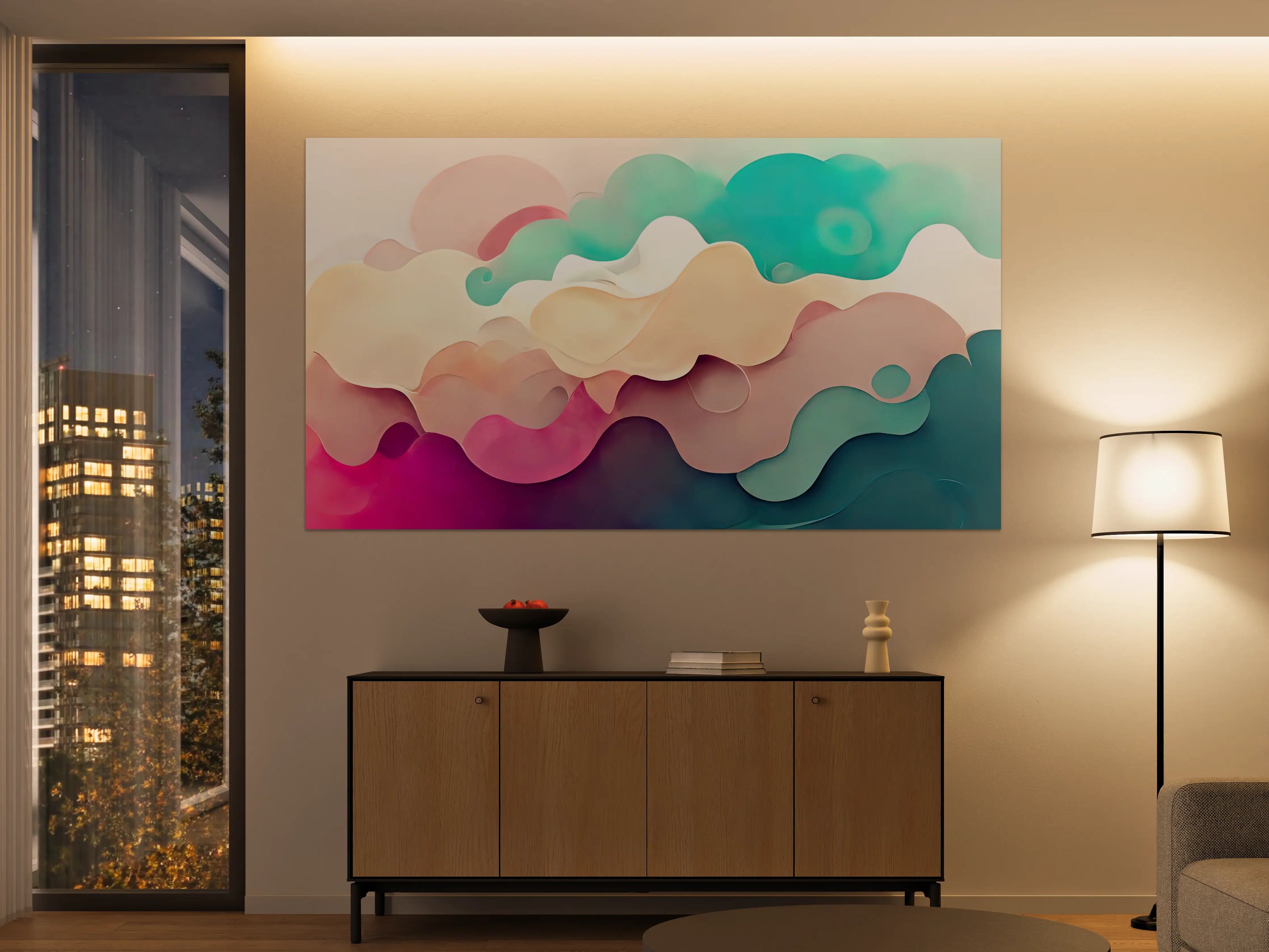 Große Wandbilder - Abstrakte Farbwolken in Pastell- und Türkistönen