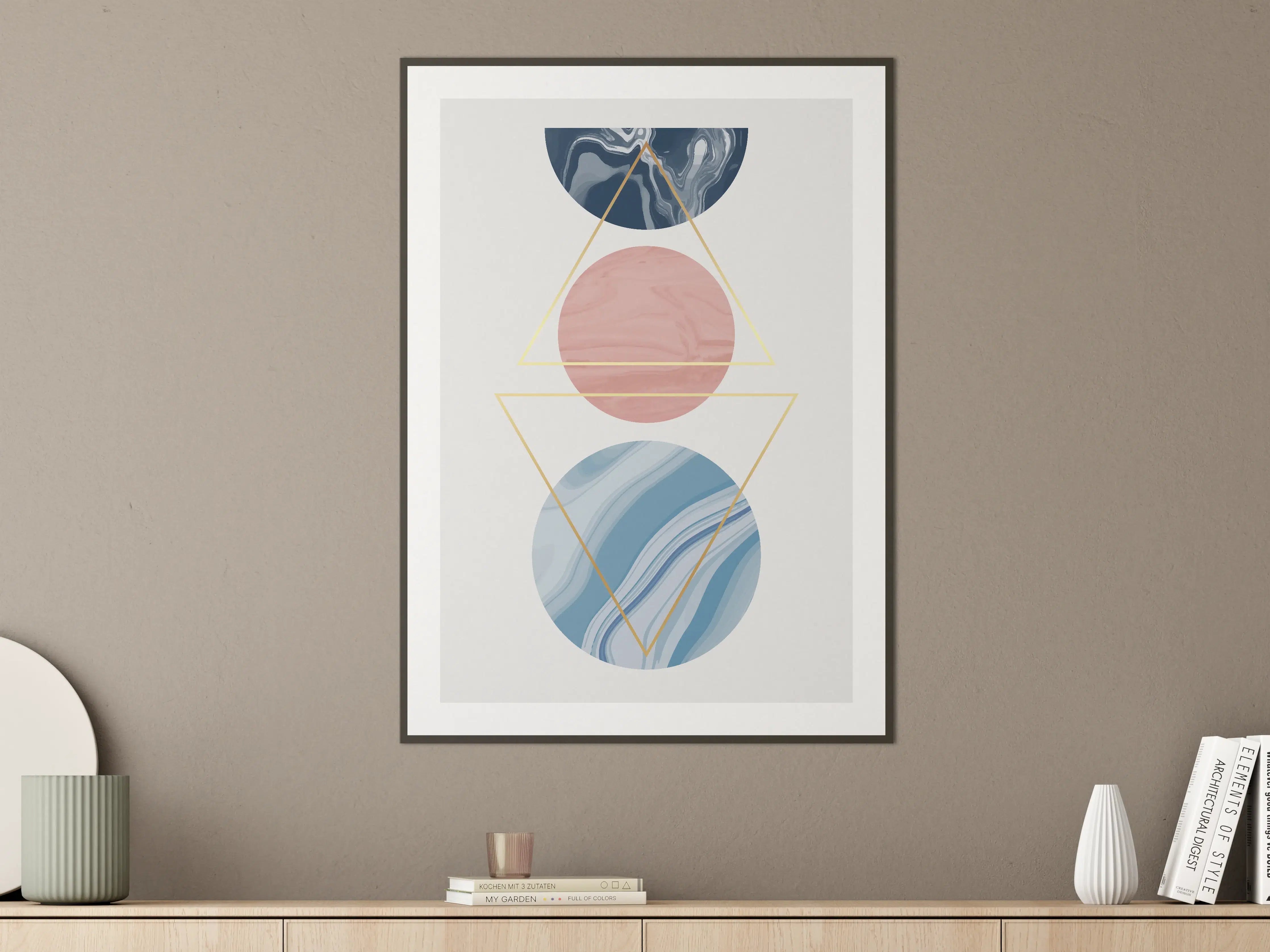 Große Wandbilder - Abstrakte Geometrie in Pastell und Dunkelblau