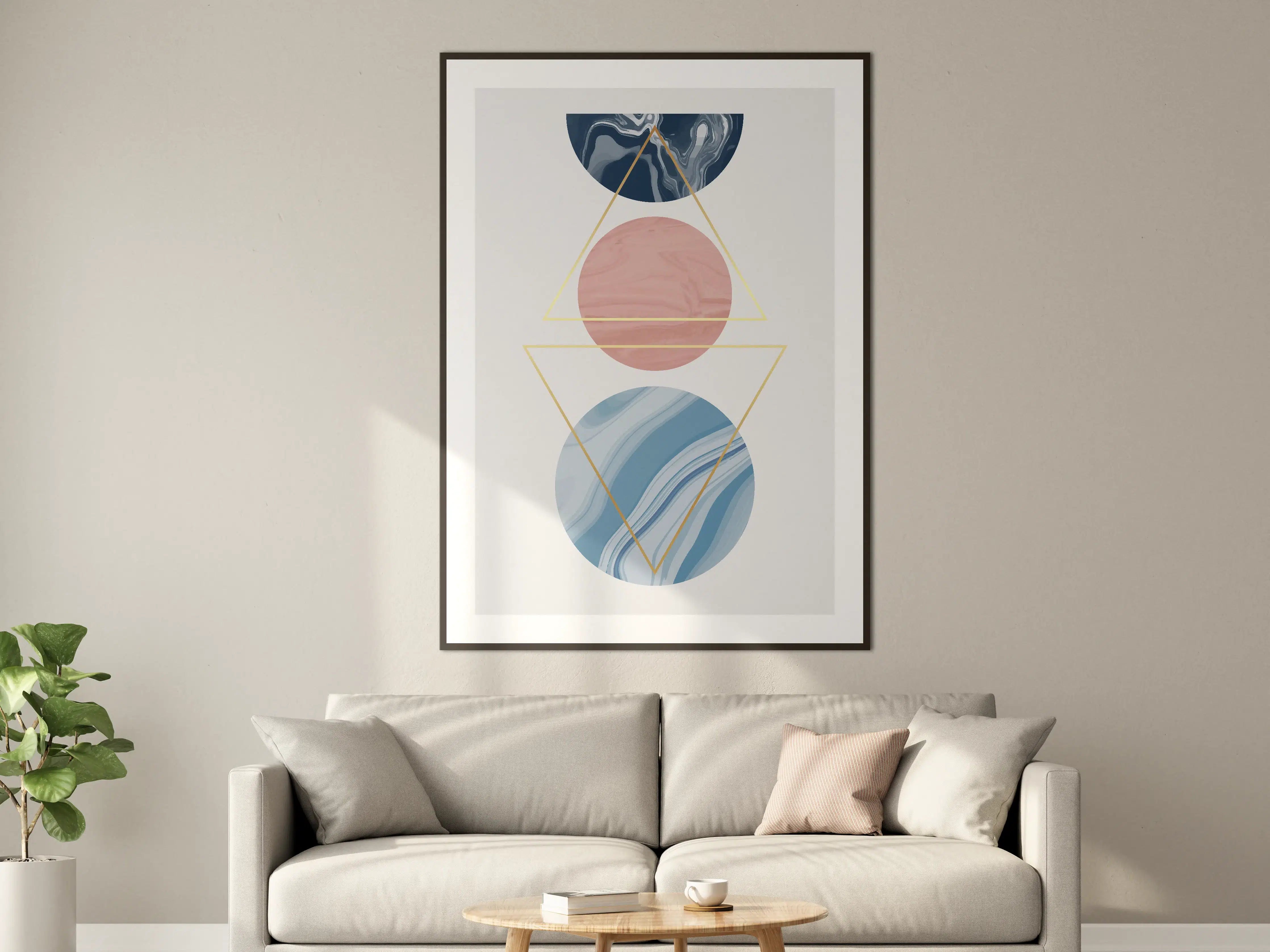 Große Wandbilder - Abstrakte Geometrie in Pastell und Dunkelblau