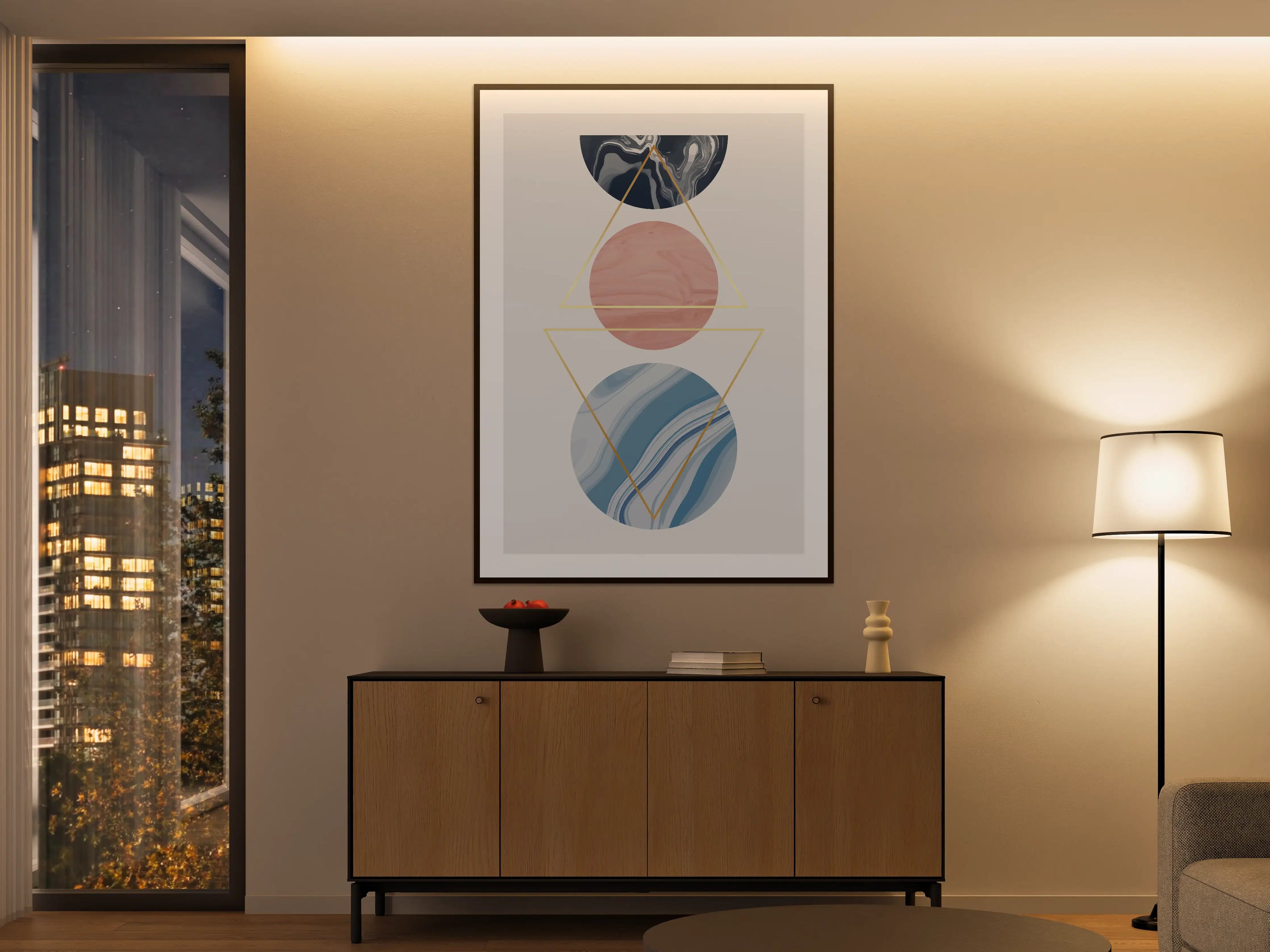 Große Wandbilder - Abstrakte Geometrie in Pastell und Dunkelblau