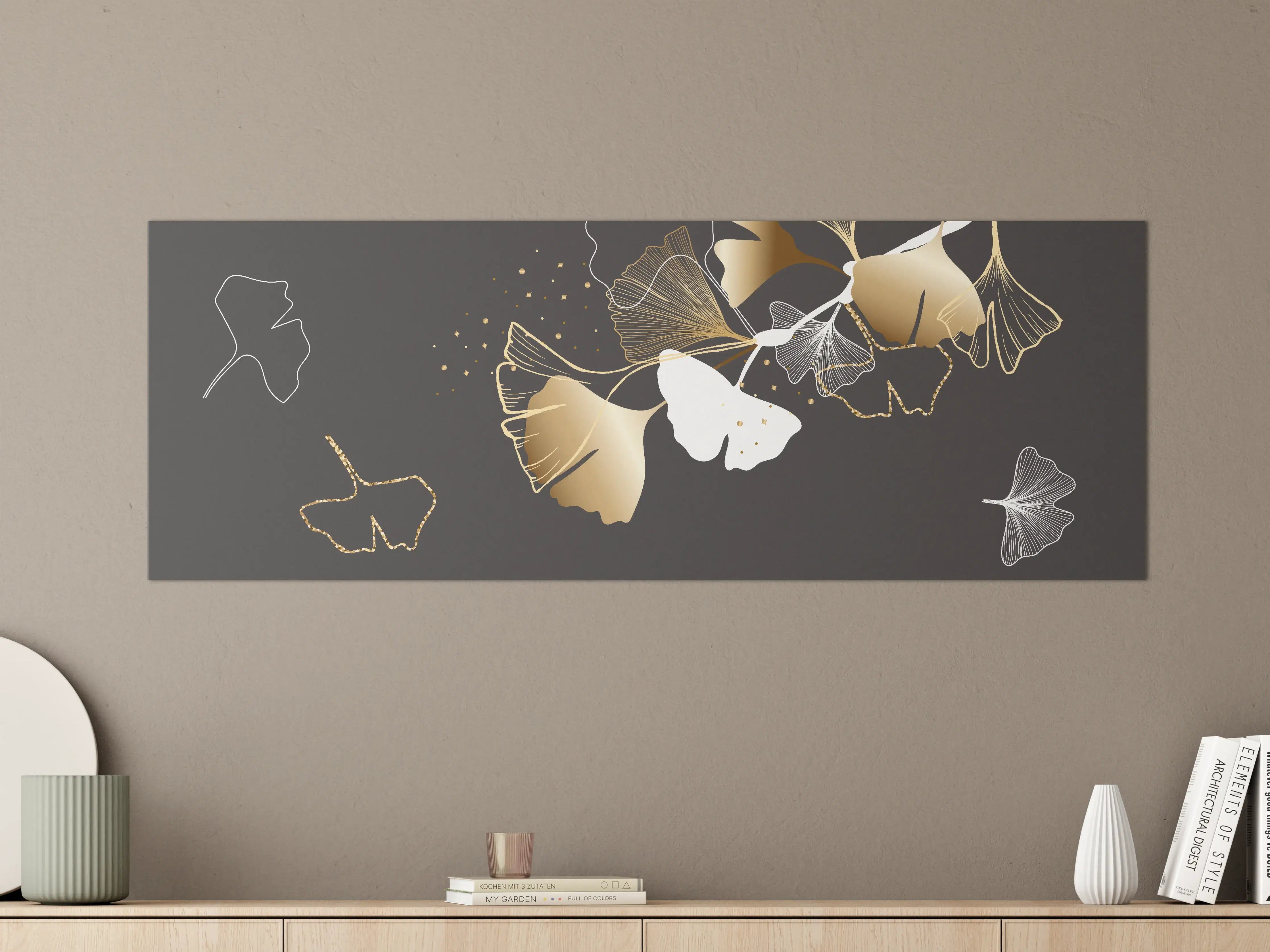 Große Wandbilder - Abstrakte Ginkgo Muster Gold Schwarz