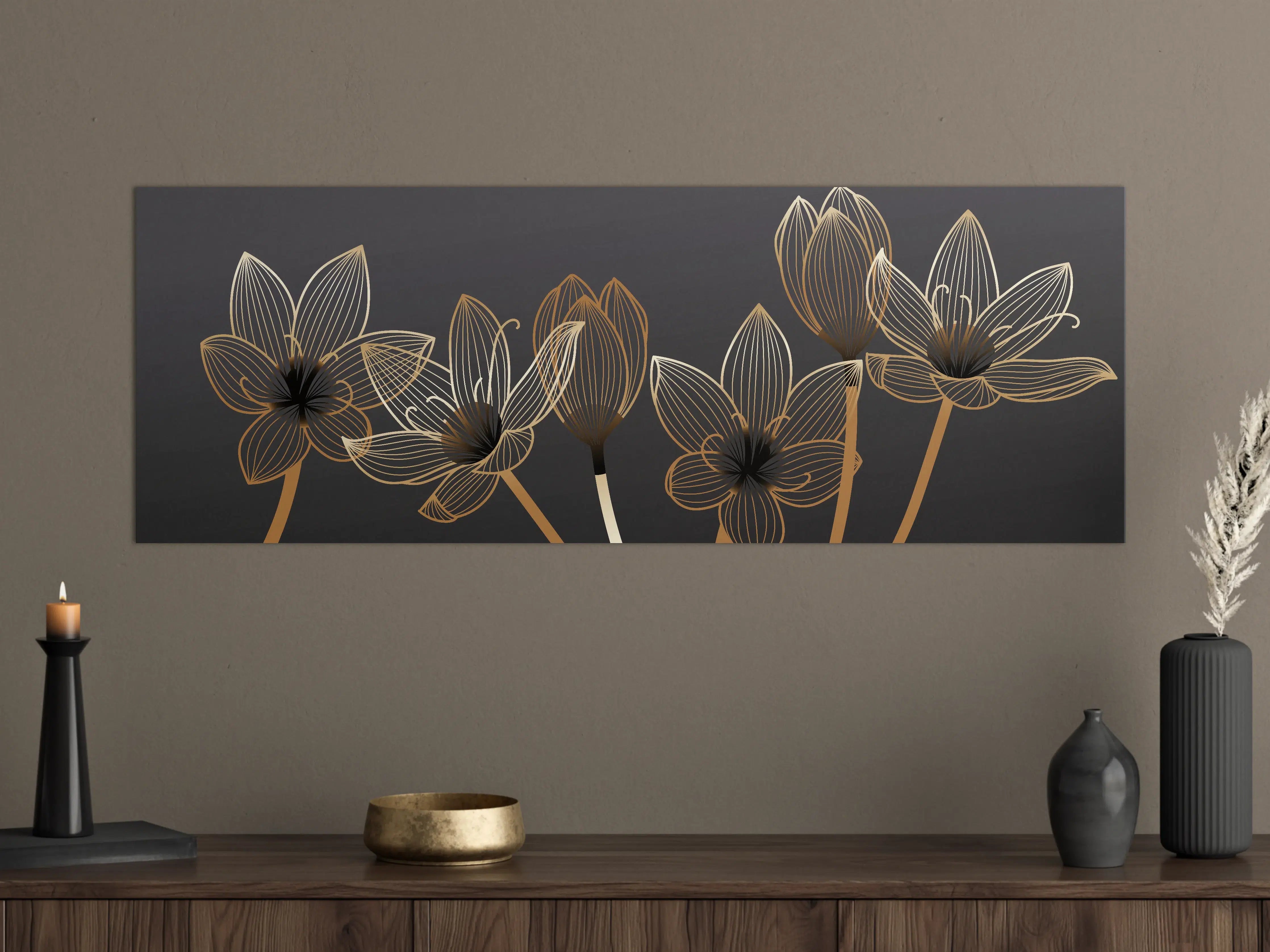 Große Wandbilder - Abstrakte Gold-Schwarz Blumen Linienart