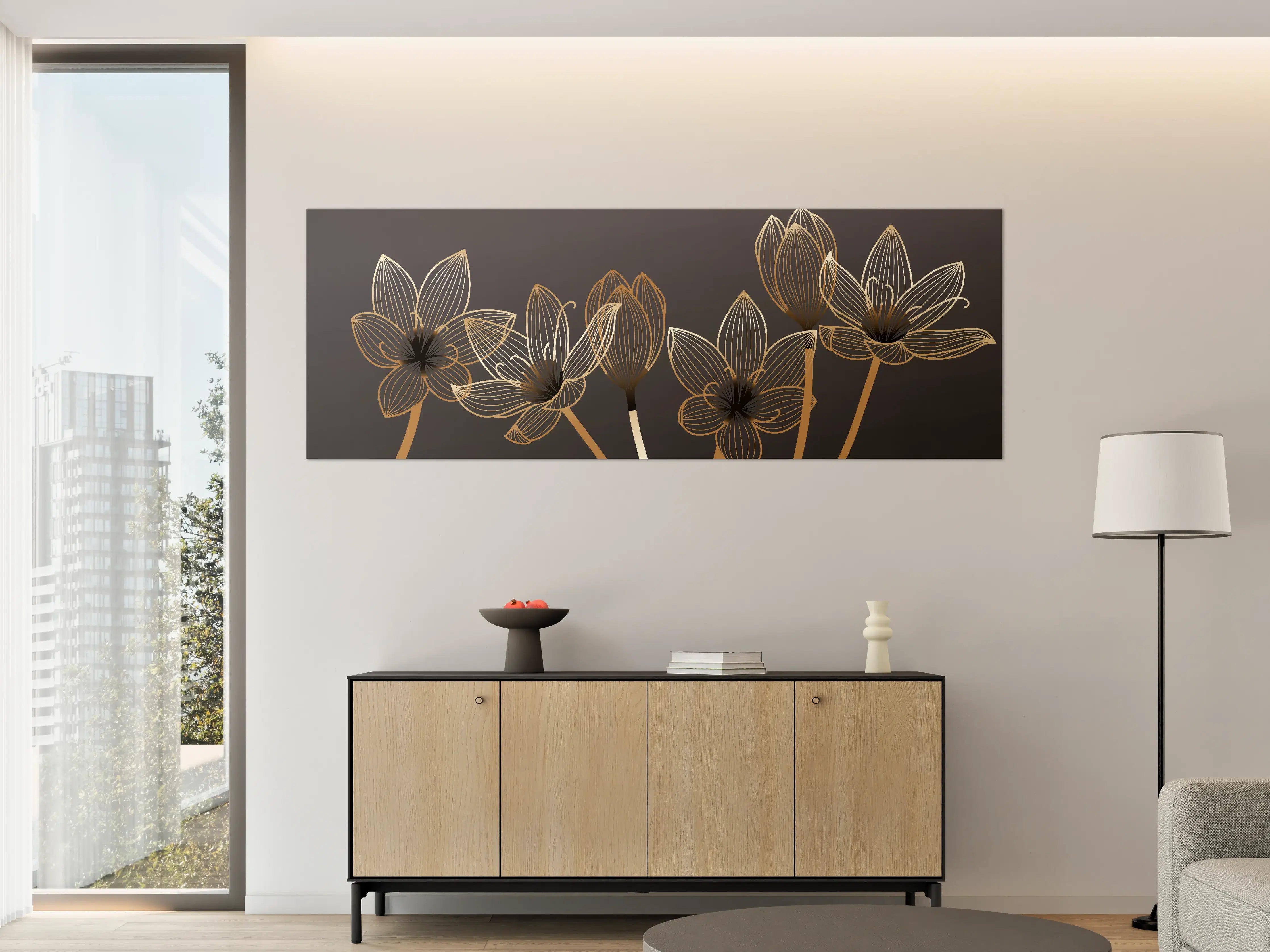 Große Wandbilder - Abstrakte Gold-Schwarz Blumen Linienart