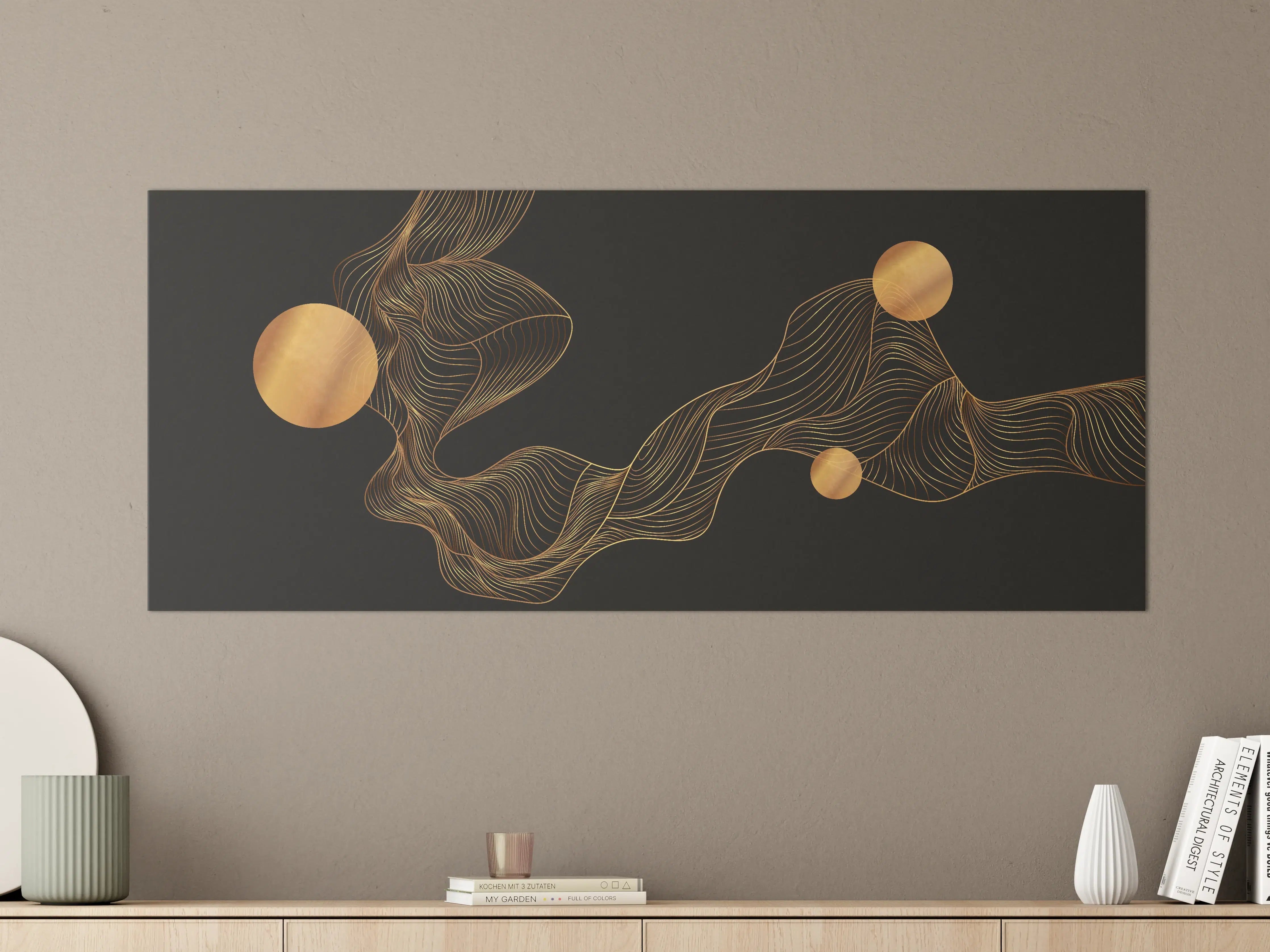 Große Wandbilder - Abstrakte Gold-Schwarz Linienkunst