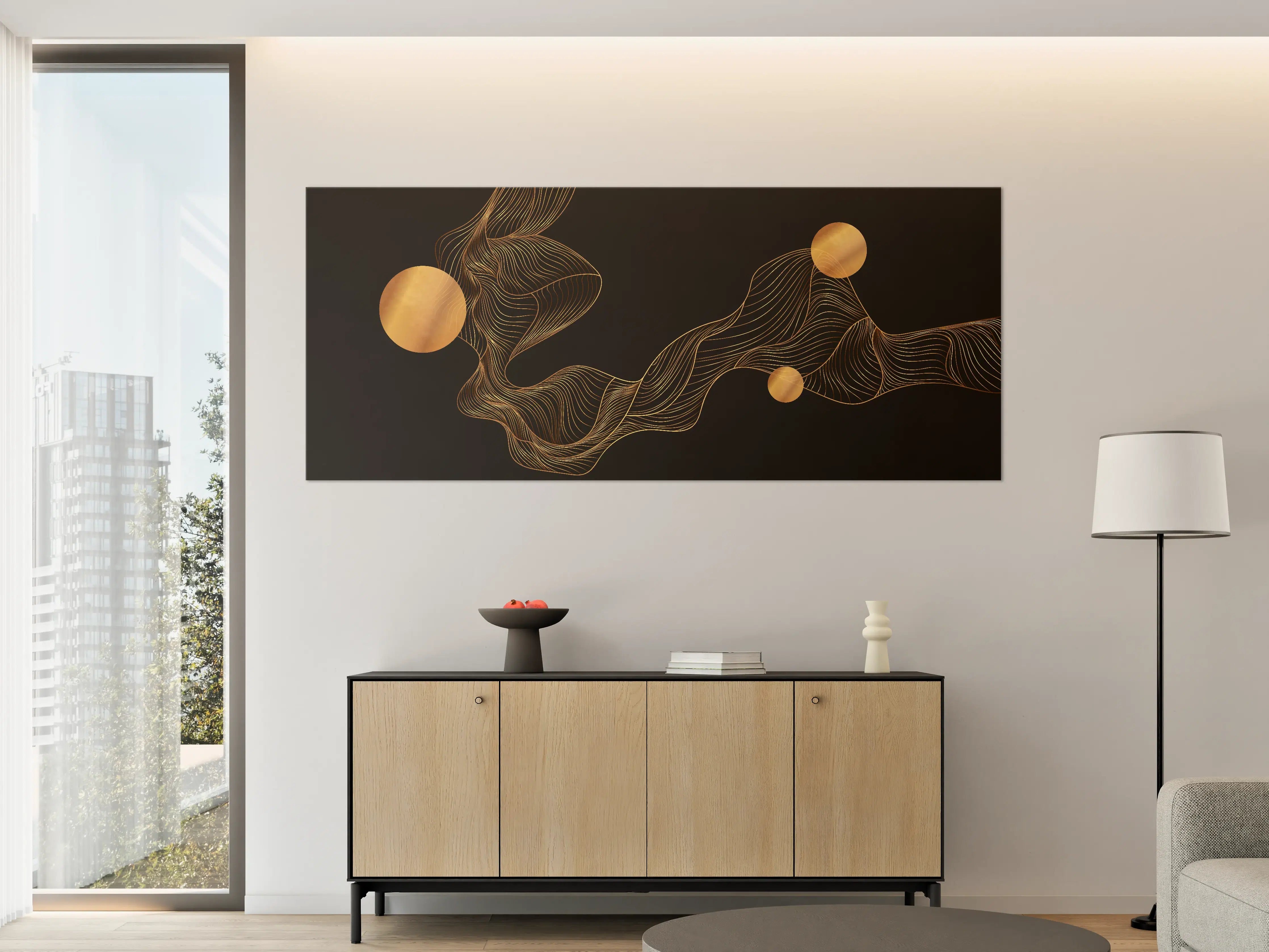 Große Wandbilder - Abstrakte Gold-Schwarz Linienkunst