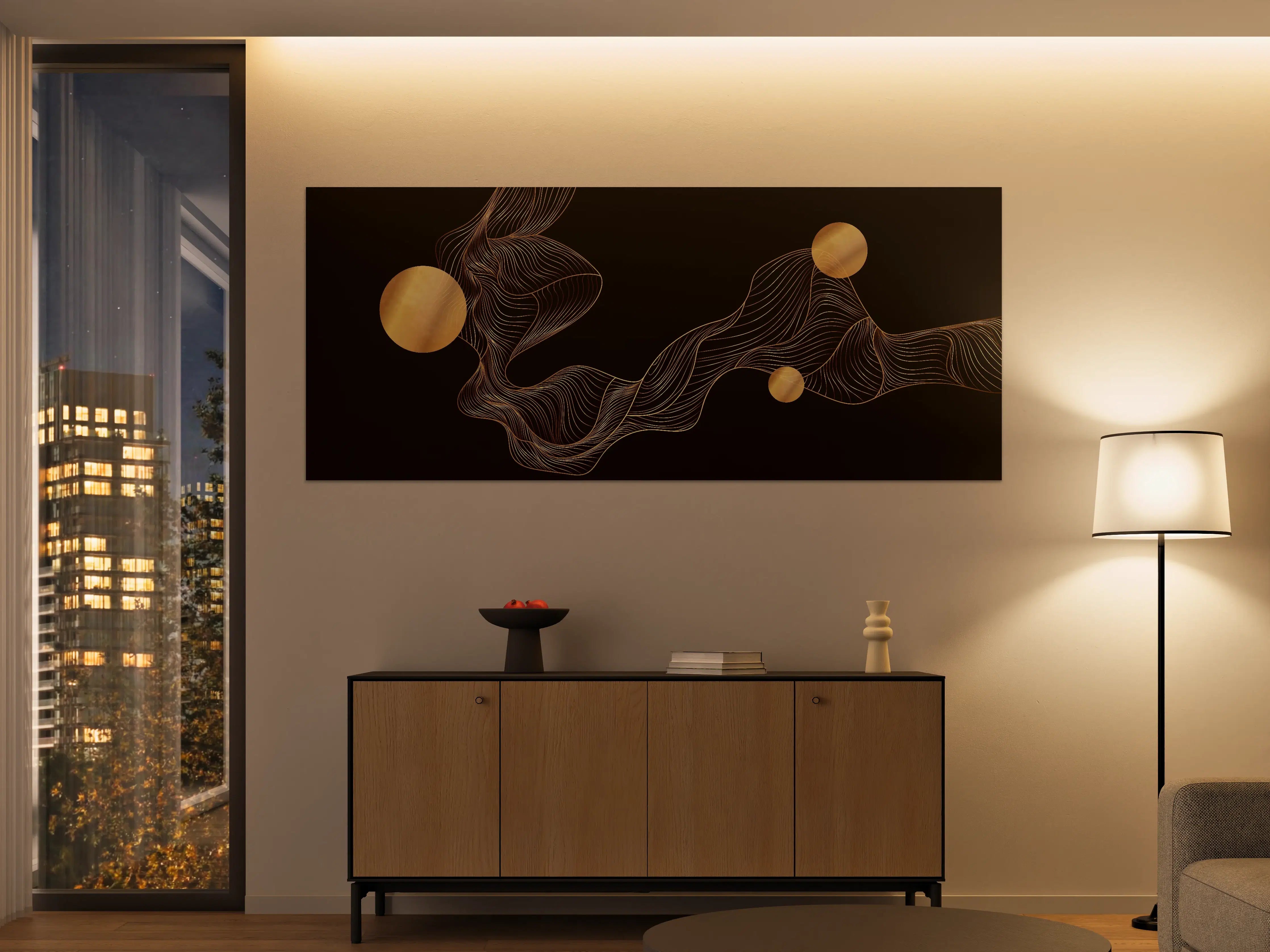 Große Wandbilder - Abstrakte Gold-Schwarz Linienkunst