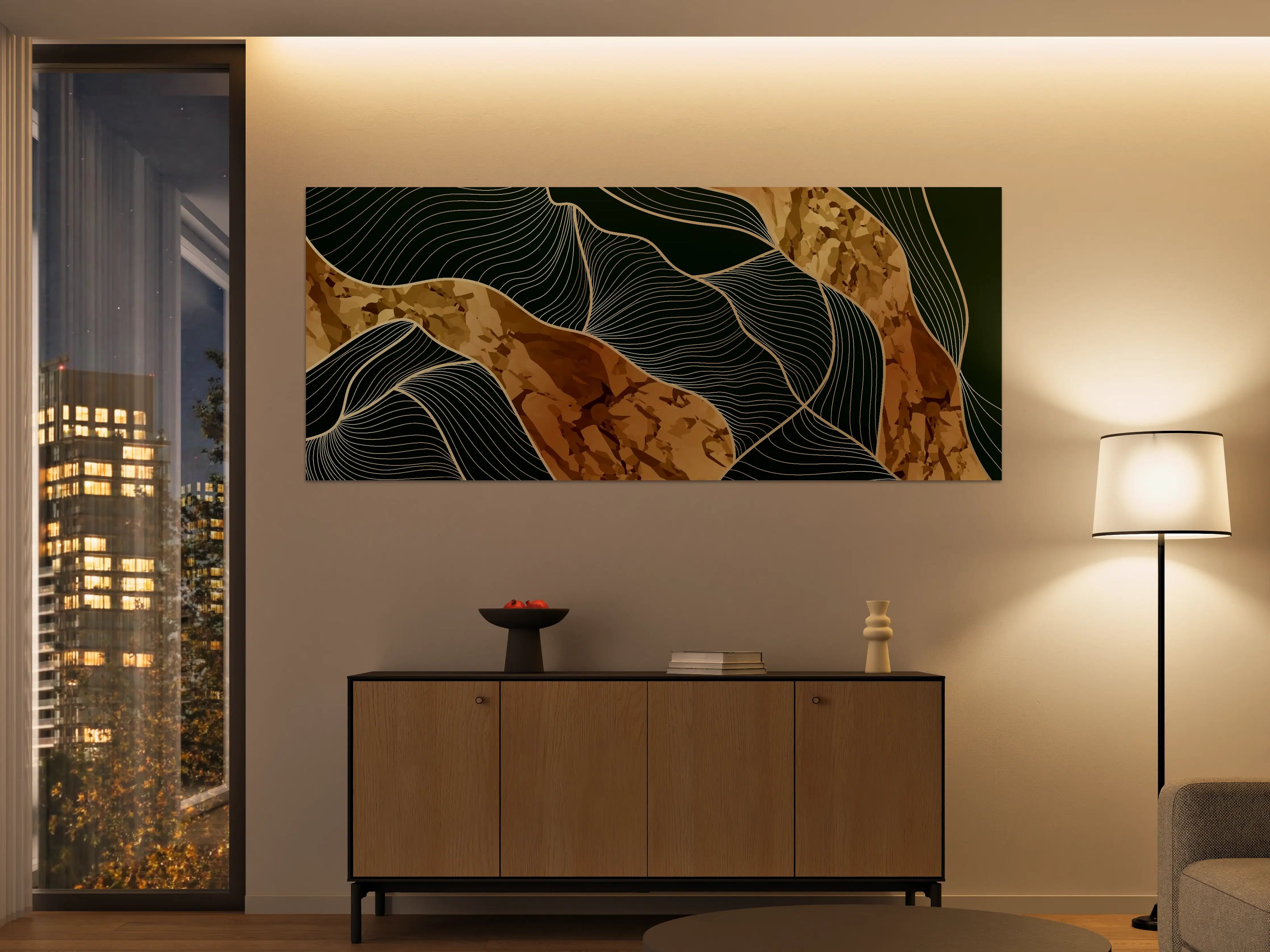 Große Wandbilder - Abstrakte Goldbraun-Linien Kunst