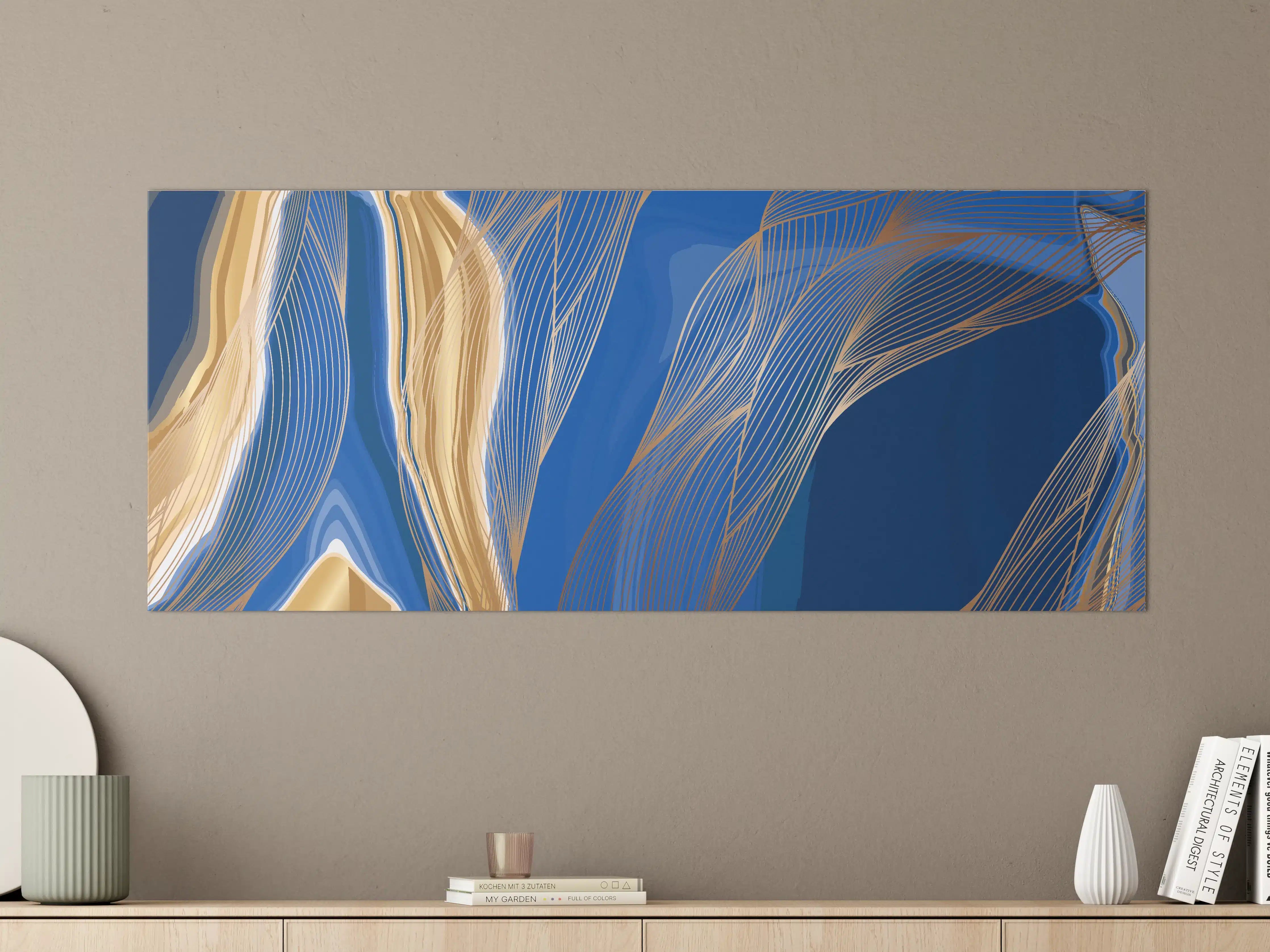 Große Wandbilder - Abstrakte Linienkunst in Blau-Gold