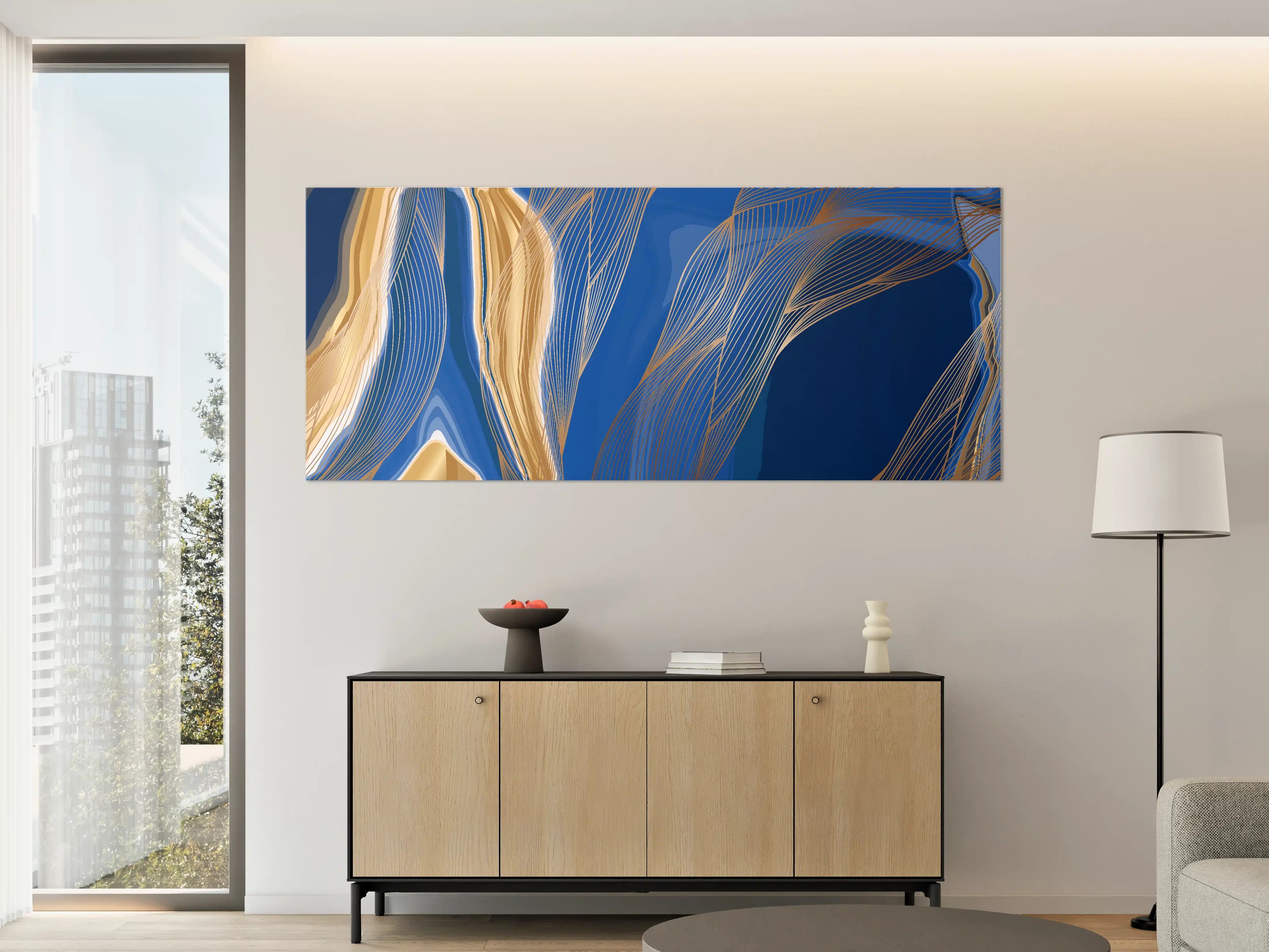 Große Wandbilder - Abstrakte Linienkunst in Blau-Gold