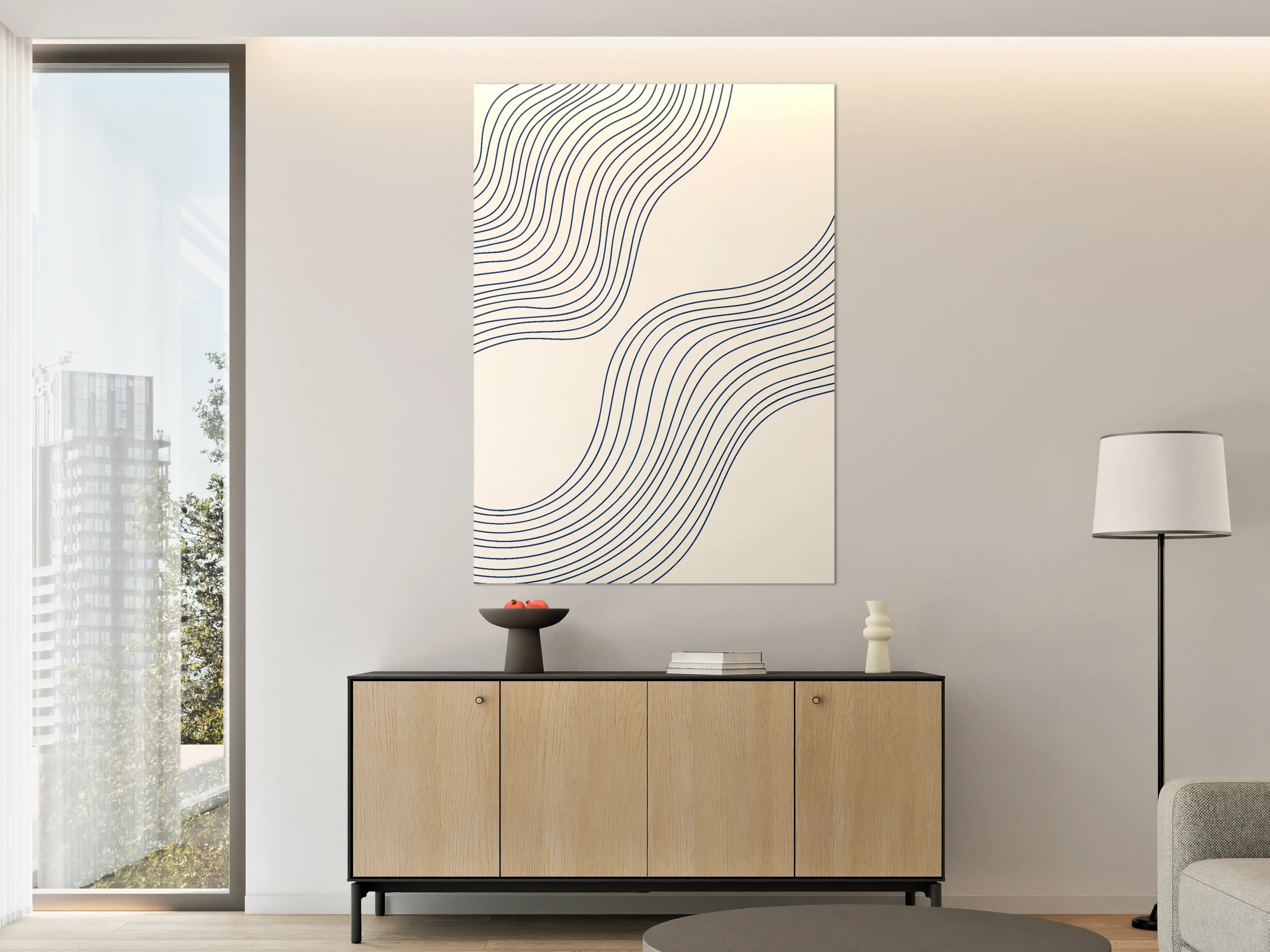 Große Wandbilder - Abstrakte Linienkunst in Blau und Weiß