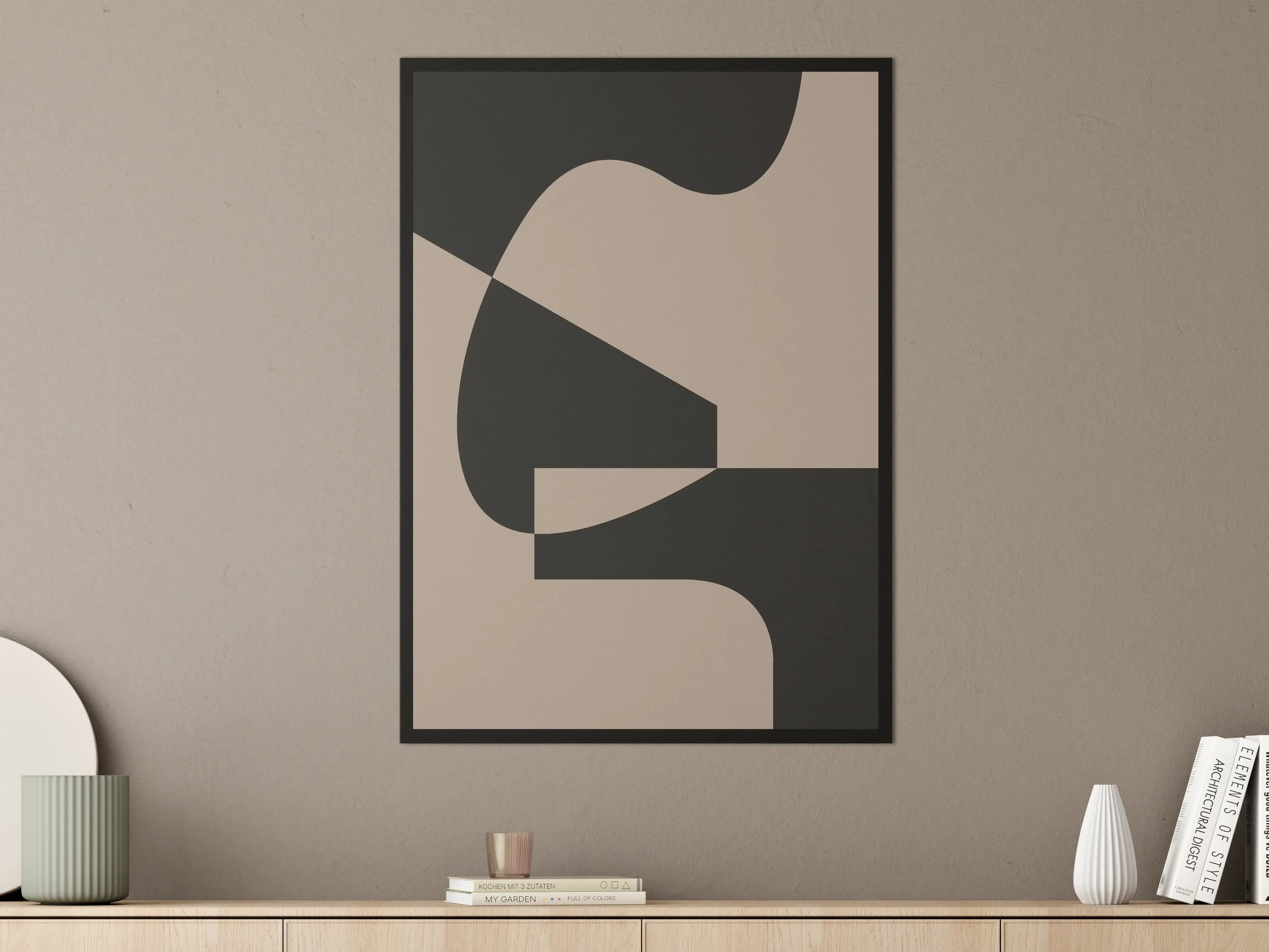 Große Wandbilder - Abstrakte Multi-Form Grafik in Beige und Schwarz