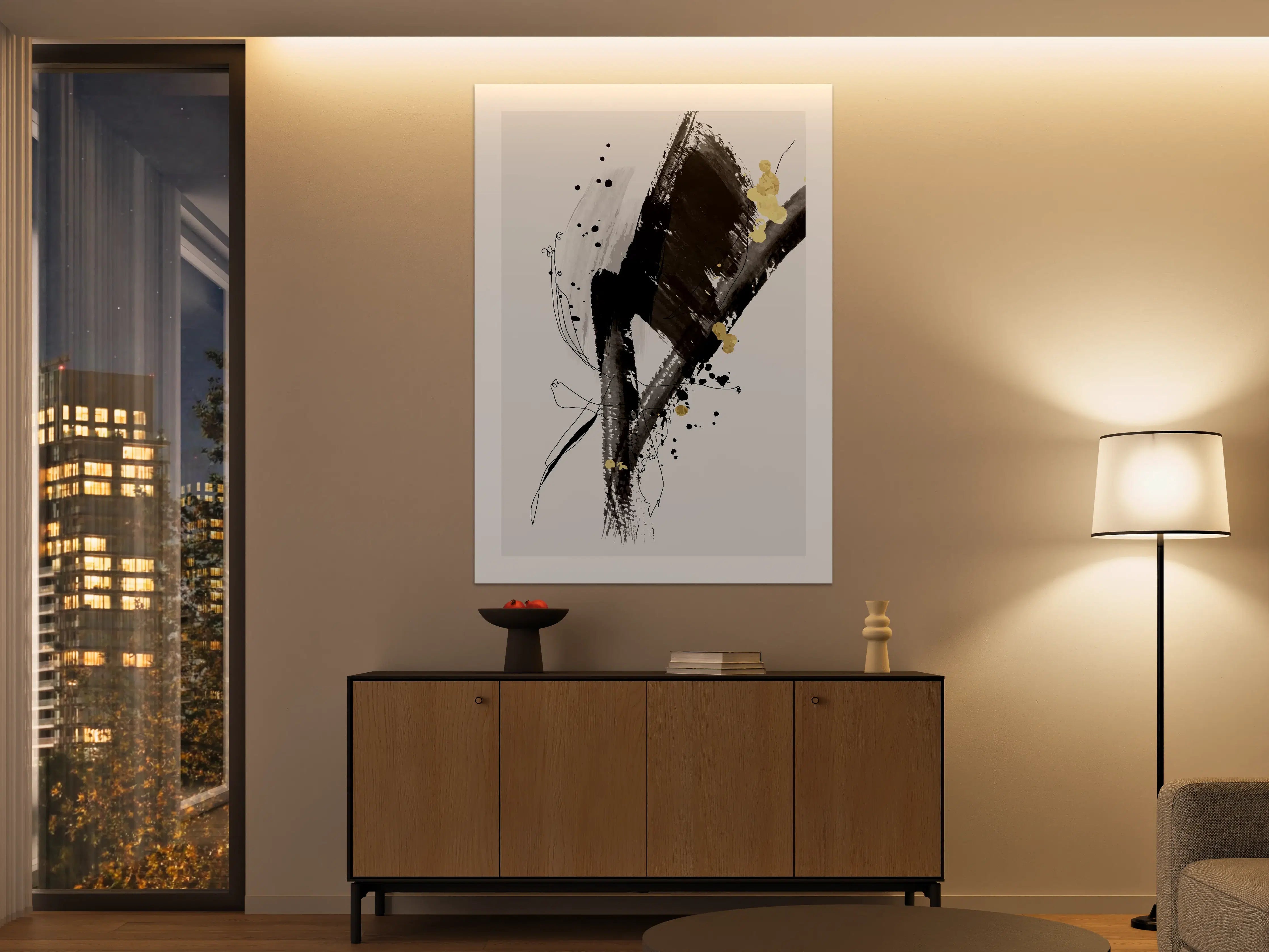 Große Wandbilder - Abstrakte Schwarz-Graue Kunst mit Goldakzenten