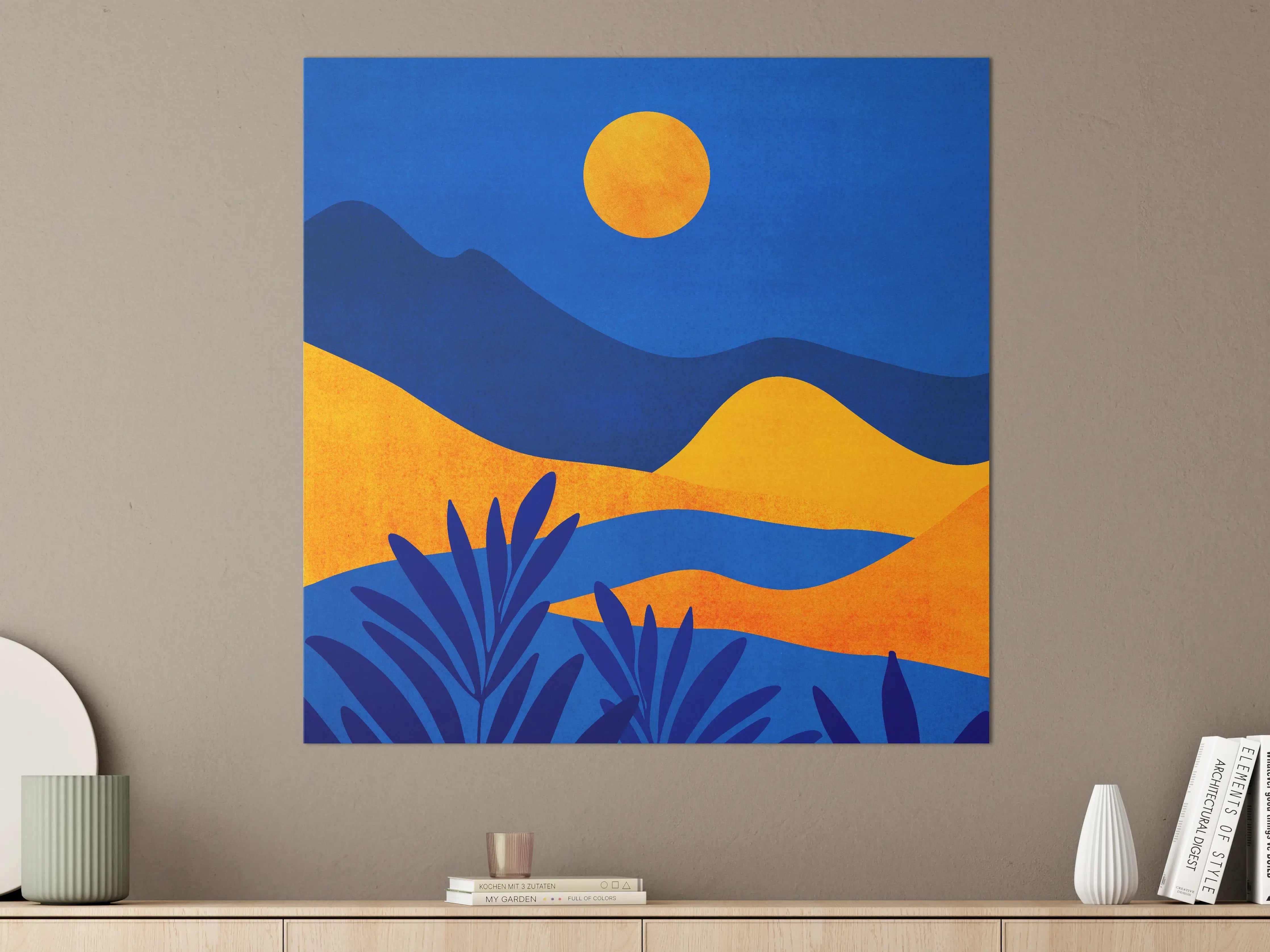 Große Wandbilder - Abstrakte Sonnenuntergangsszene mit Bergsilhouette