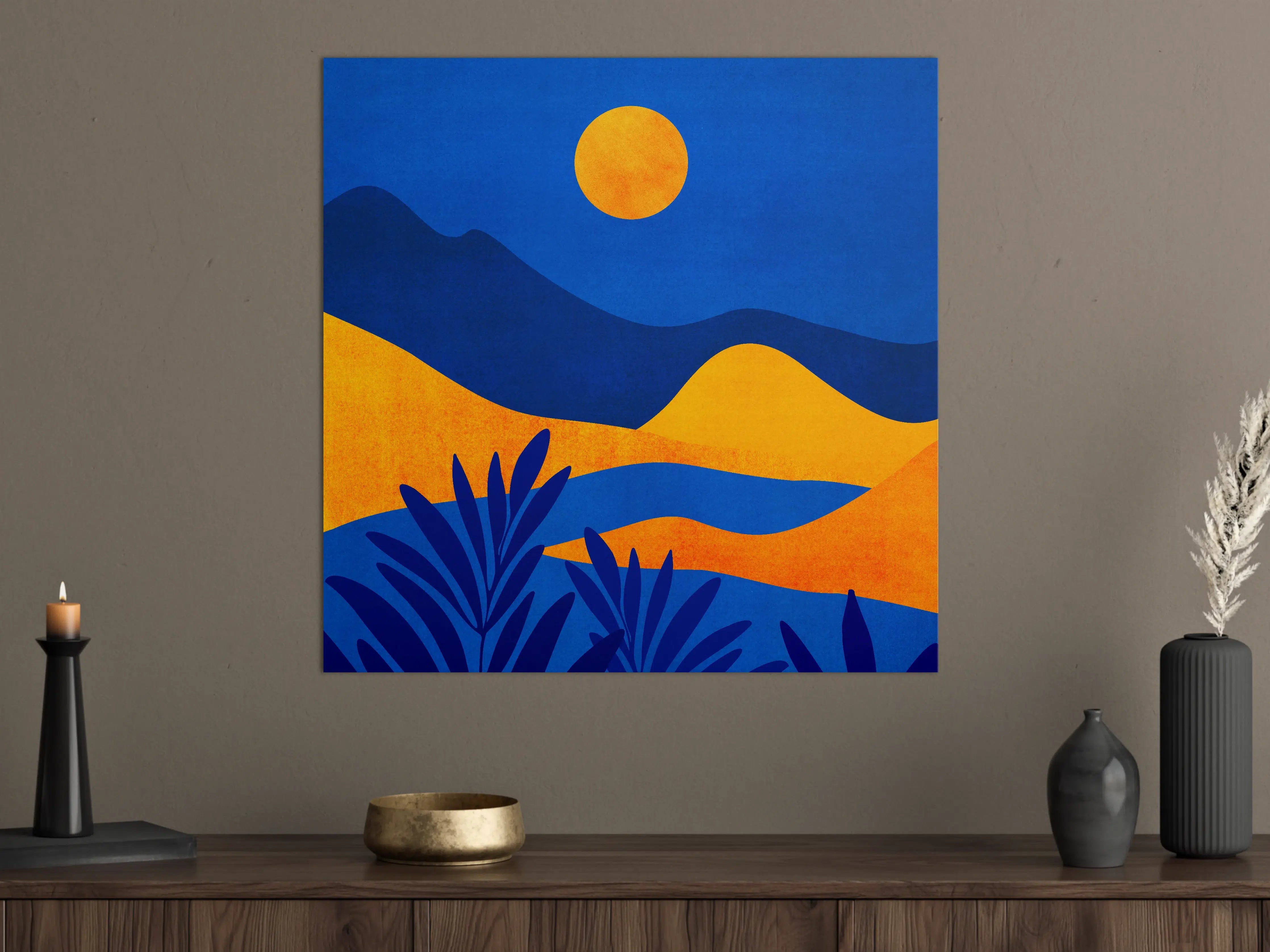 Große Wandbilder - Abstrakte Sonnenuntergangsszene mit Bergsilhouette