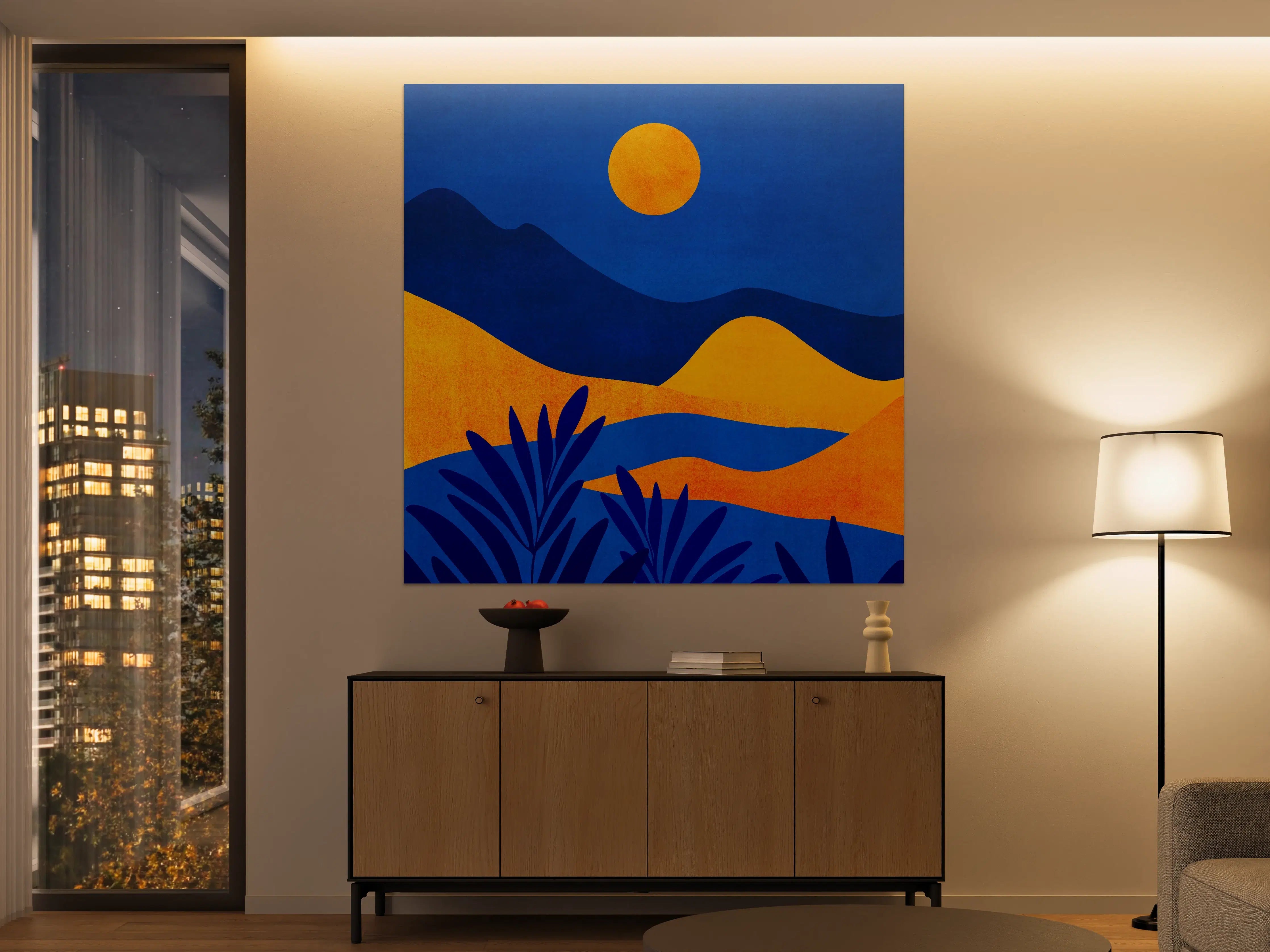Große Wandbilder - Abstrakte Sonnenuntergangsszene mit Bergsilhouette