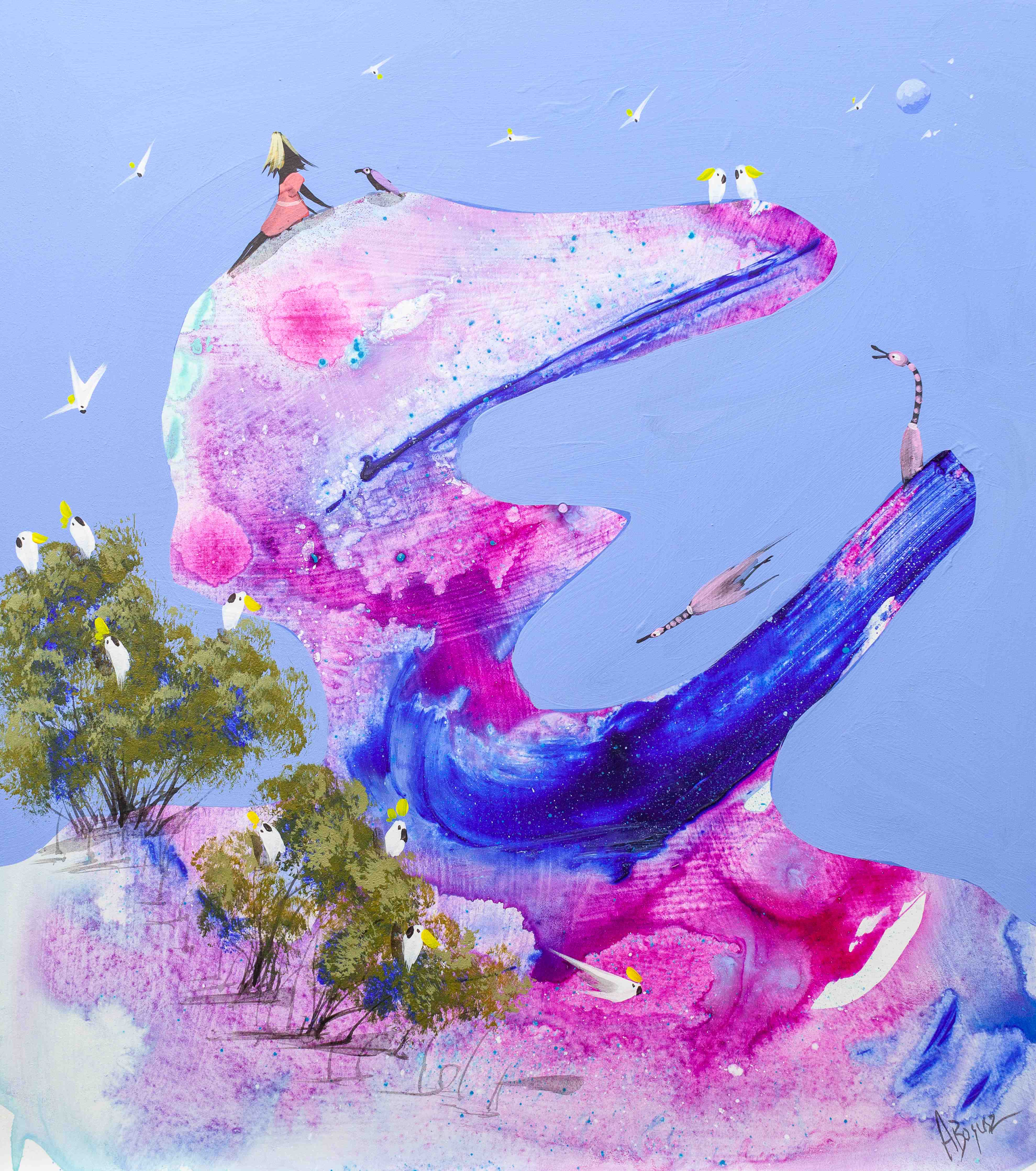 Große Wandbilder-Abstrakte Wasserfarbenkunst mit lebendigen Pink- und Blautönen
