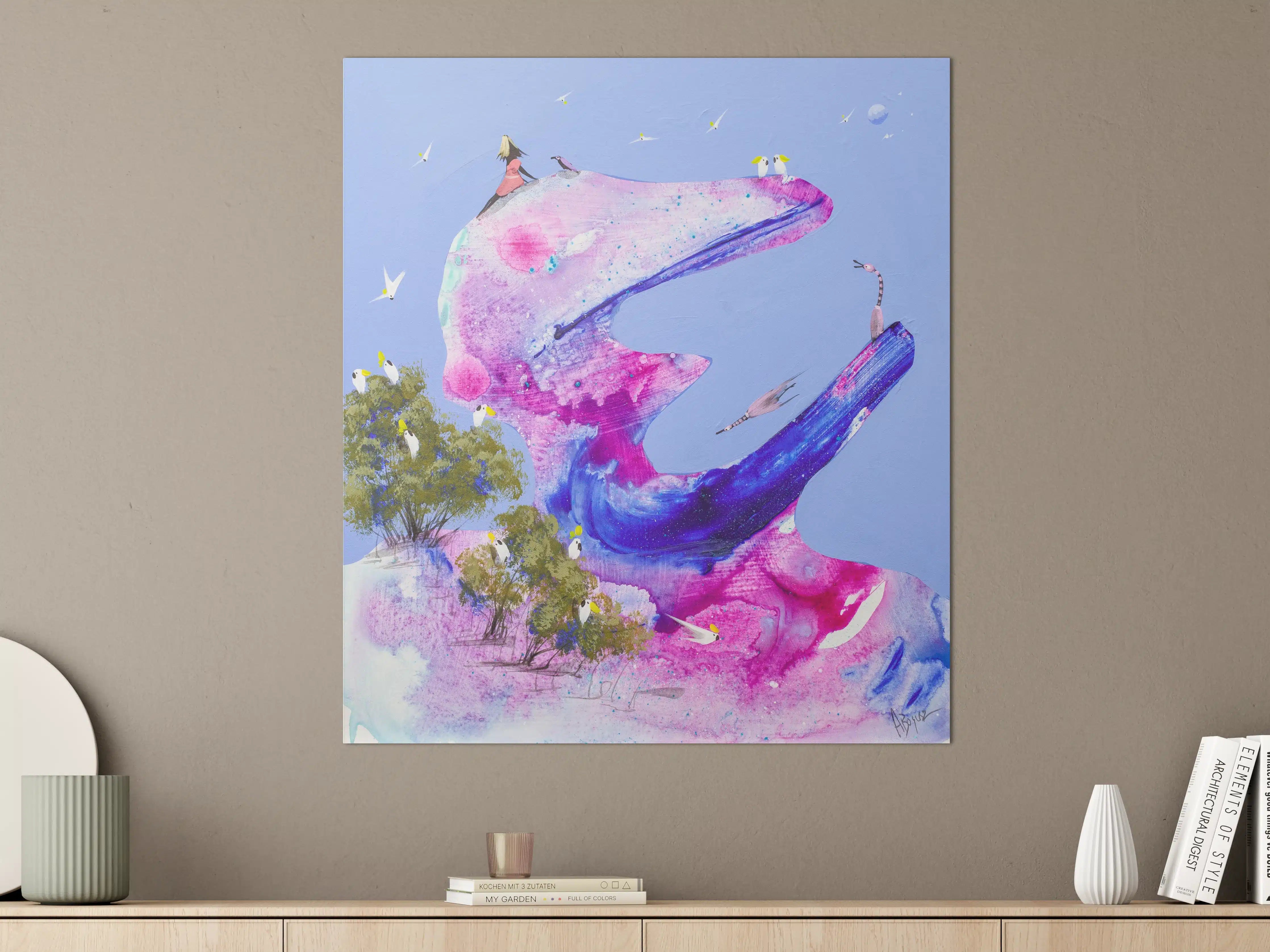 Große Wandbilder - Abstrakte Wasserfarbenkunst mit lebendigen Pink- und Blautönen