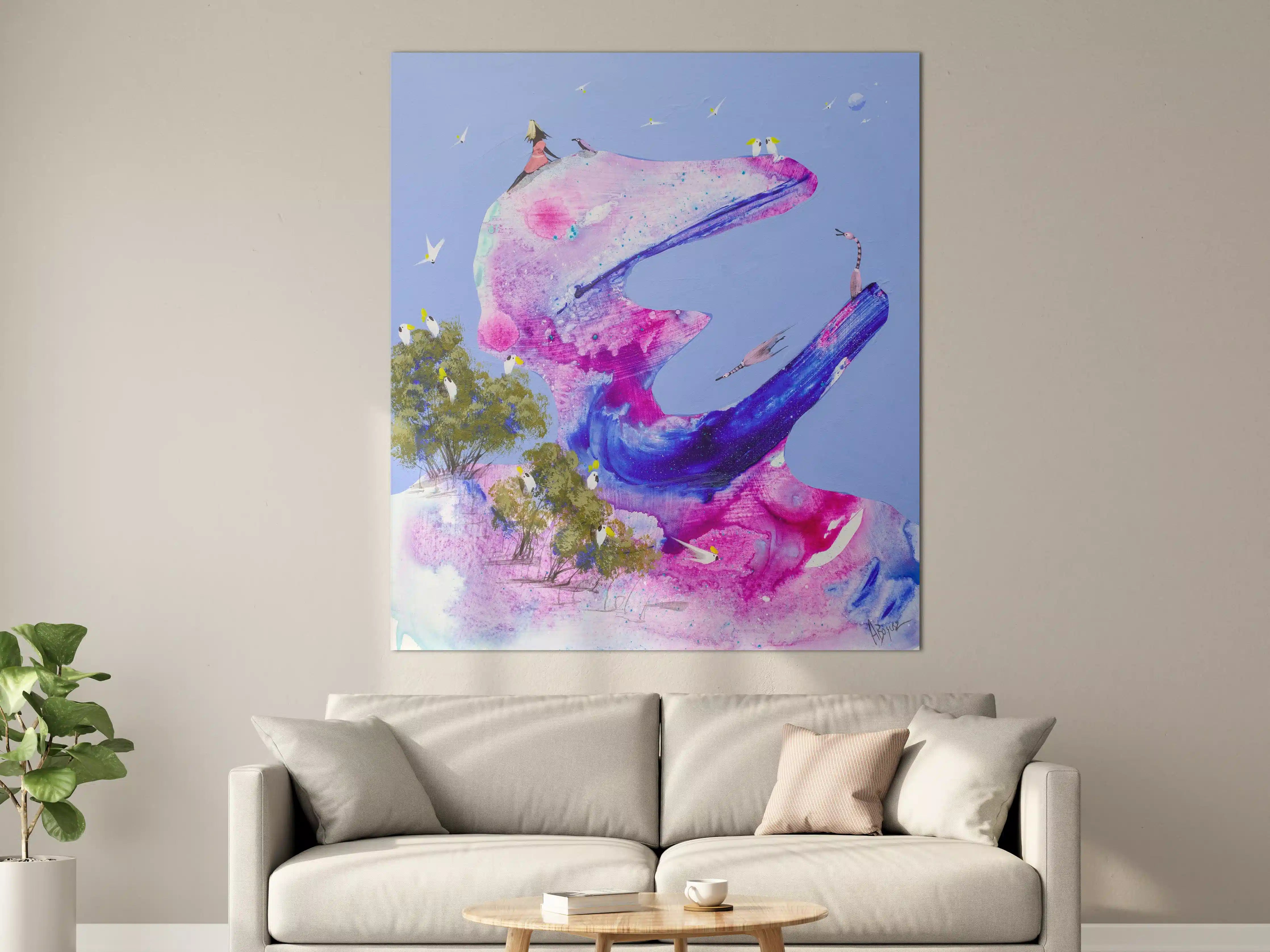 Große Wandbilder - Abstrakte Wasserfarbenkunst mit lebendigen Pink- und Blautönen