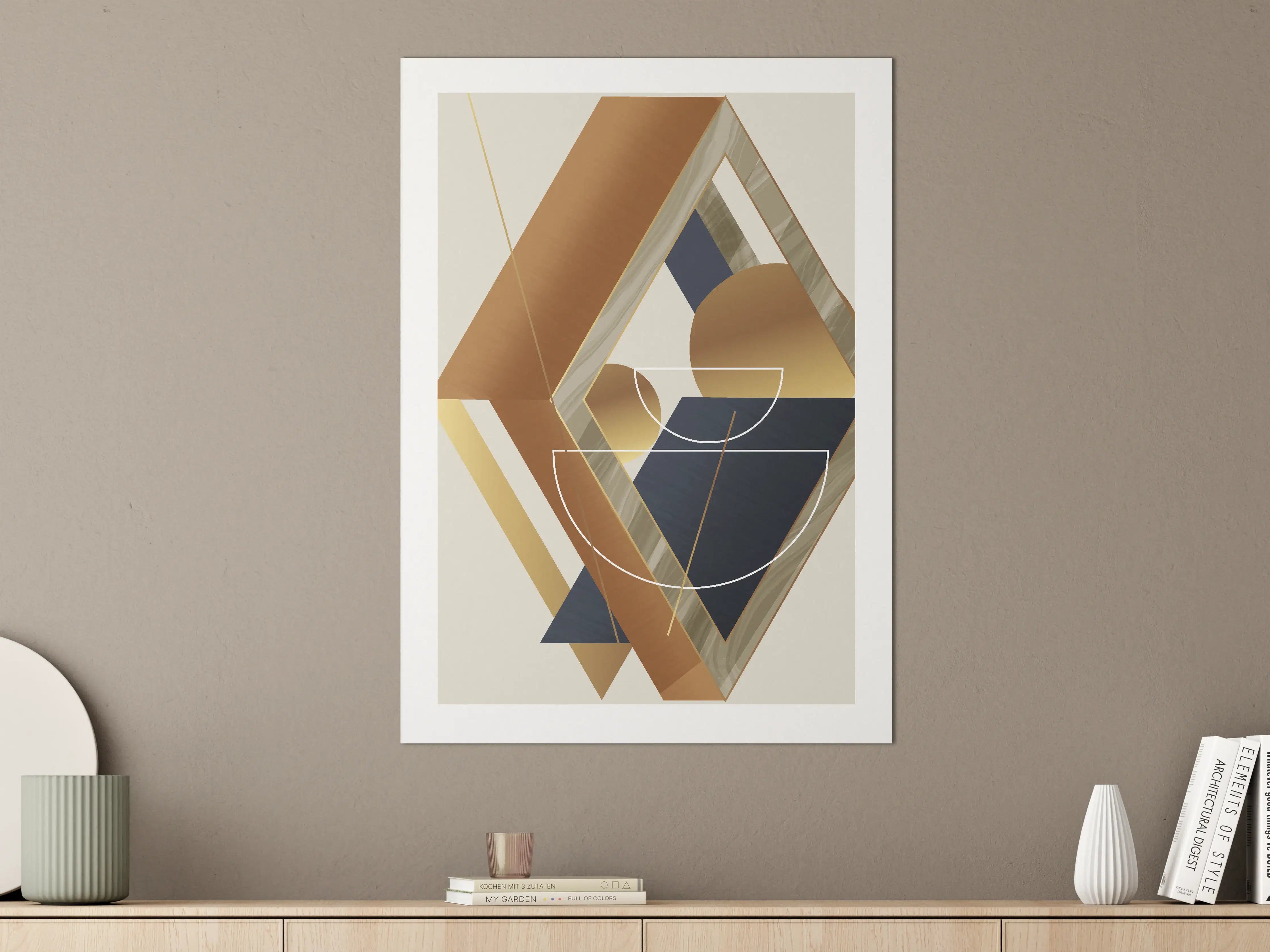 Große Wandbilder - Abstrakte geometrische Kunst mit warmen Goldtönen und dunklen Akzenten