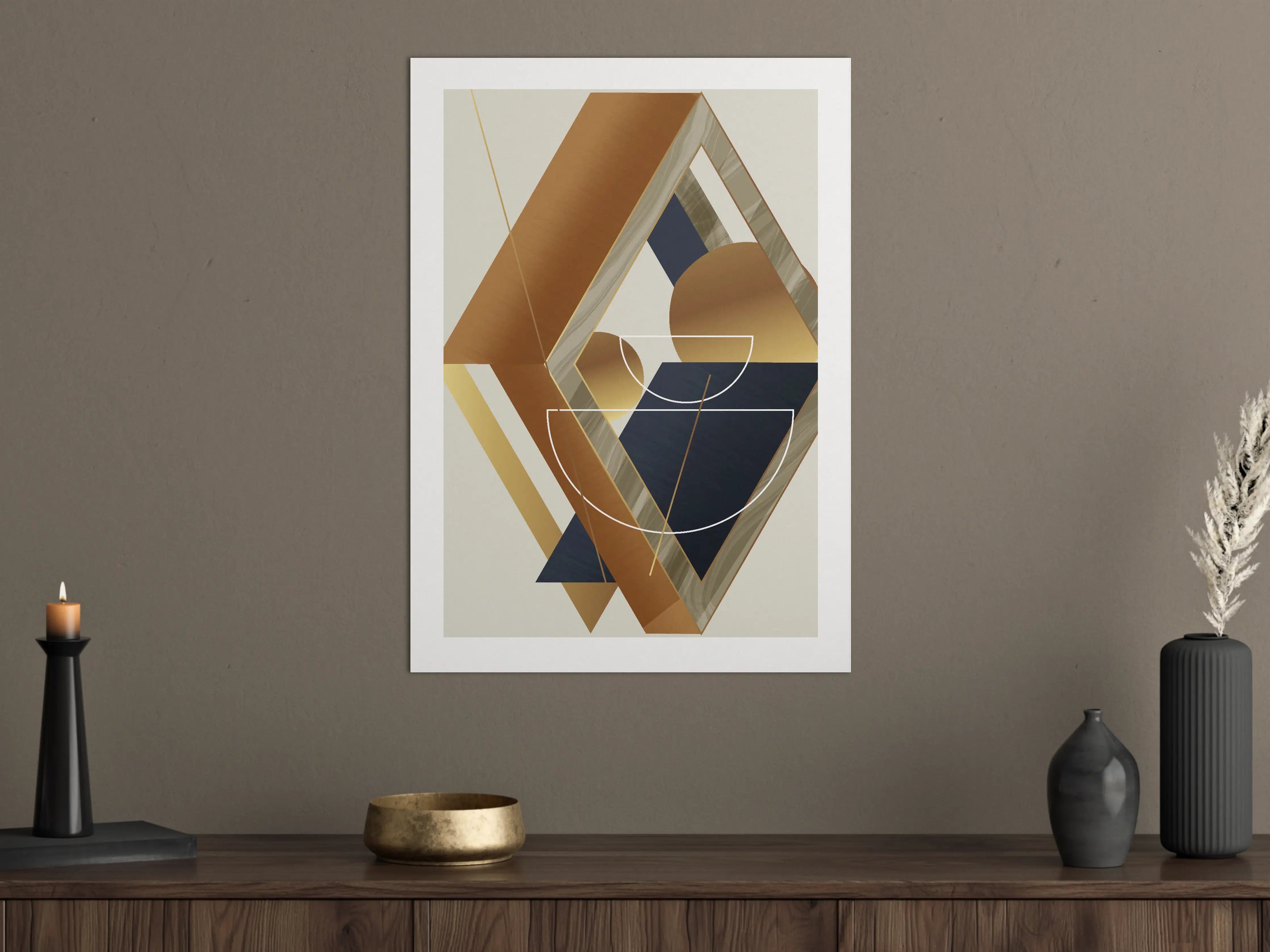 Große Wandbilder - Abstrakte geometrische Kunst mit warmen Goldtönen und dunklen Akzenten