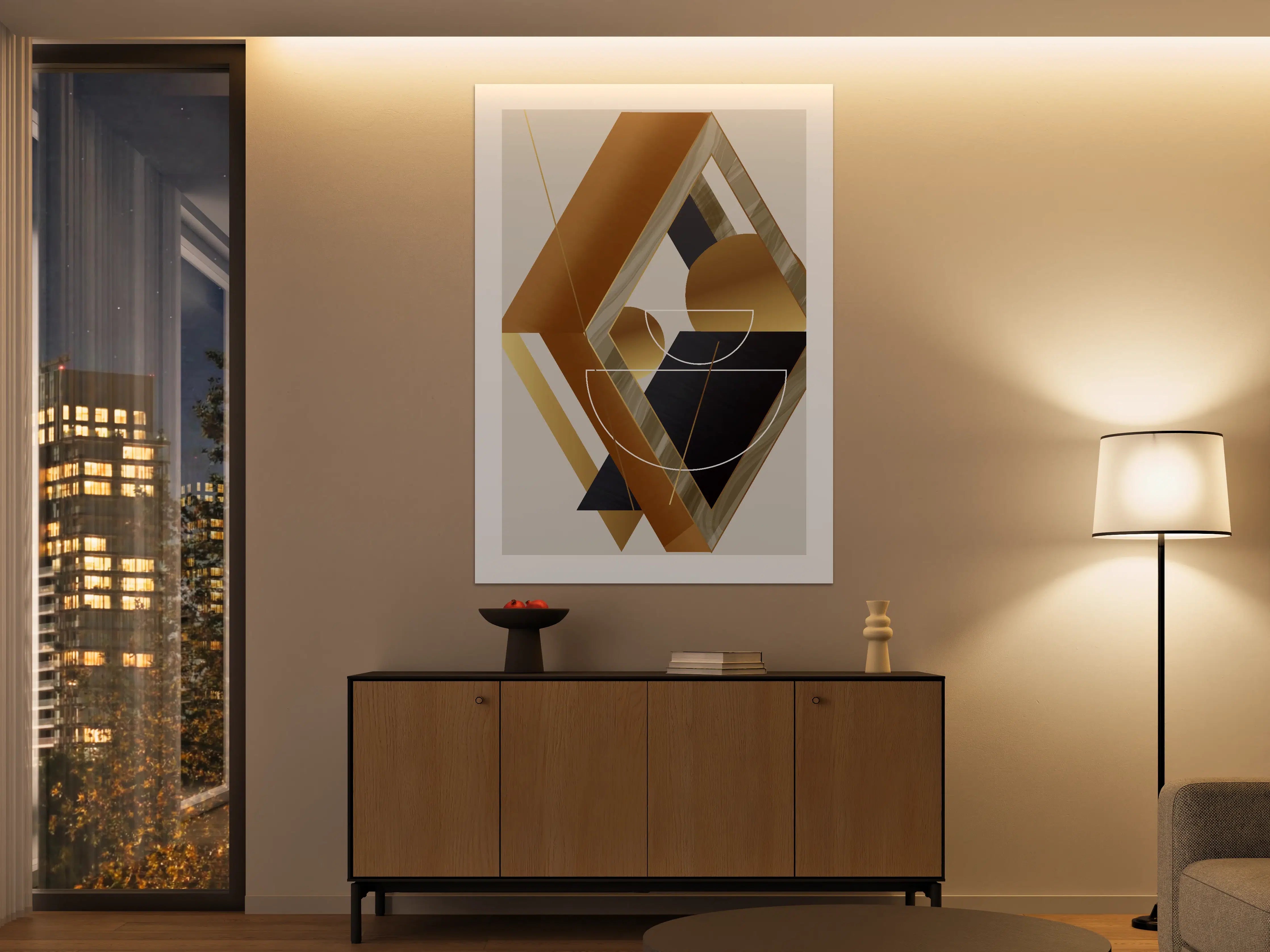 Große Wandbilder - Abstrakte geometrische Kunst mit warmen Goldtönen und dunklen Akzenten