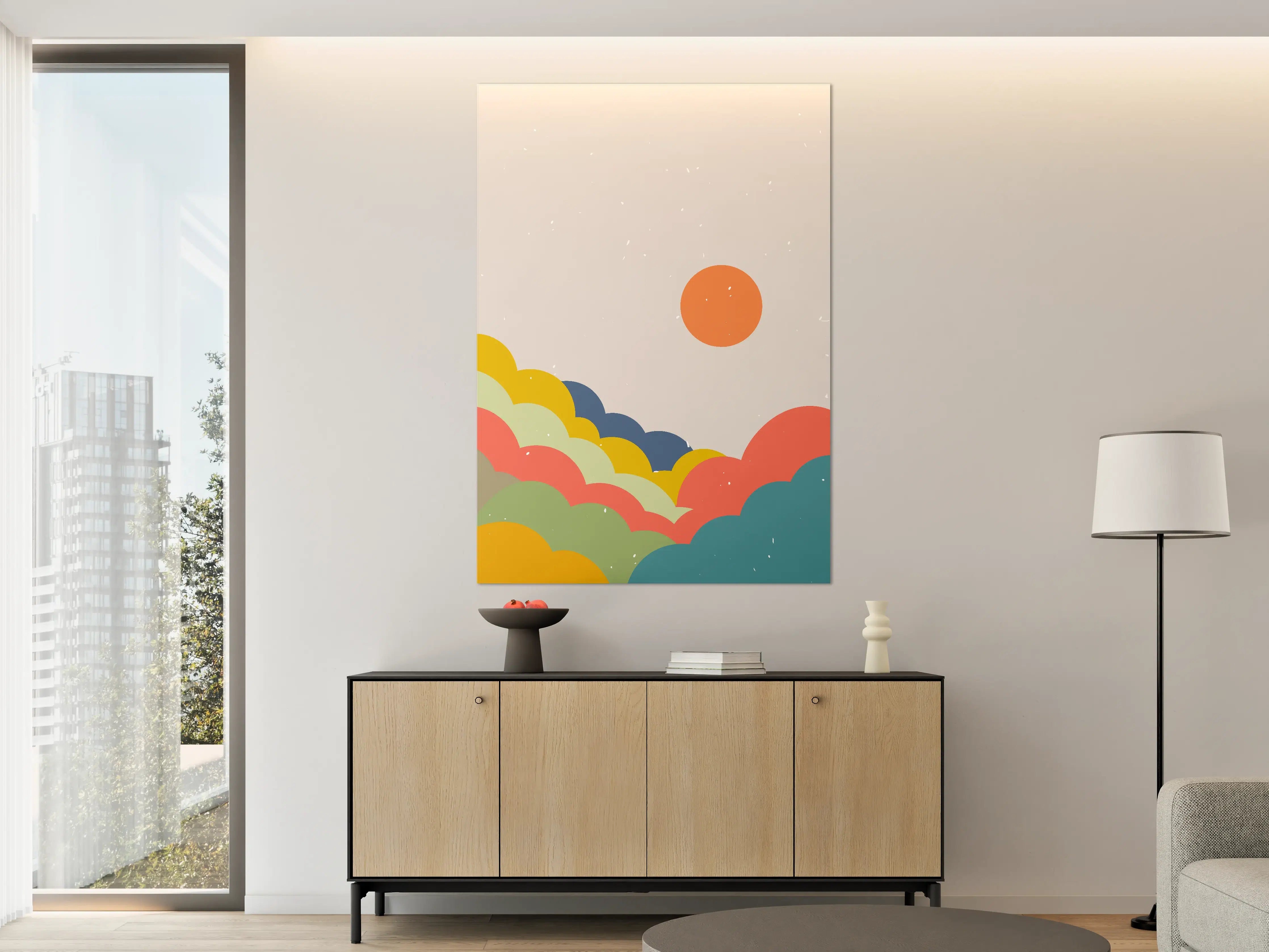 Große Wandbilder - Abstraktes Farbenspiel mit Sonnenmotiv