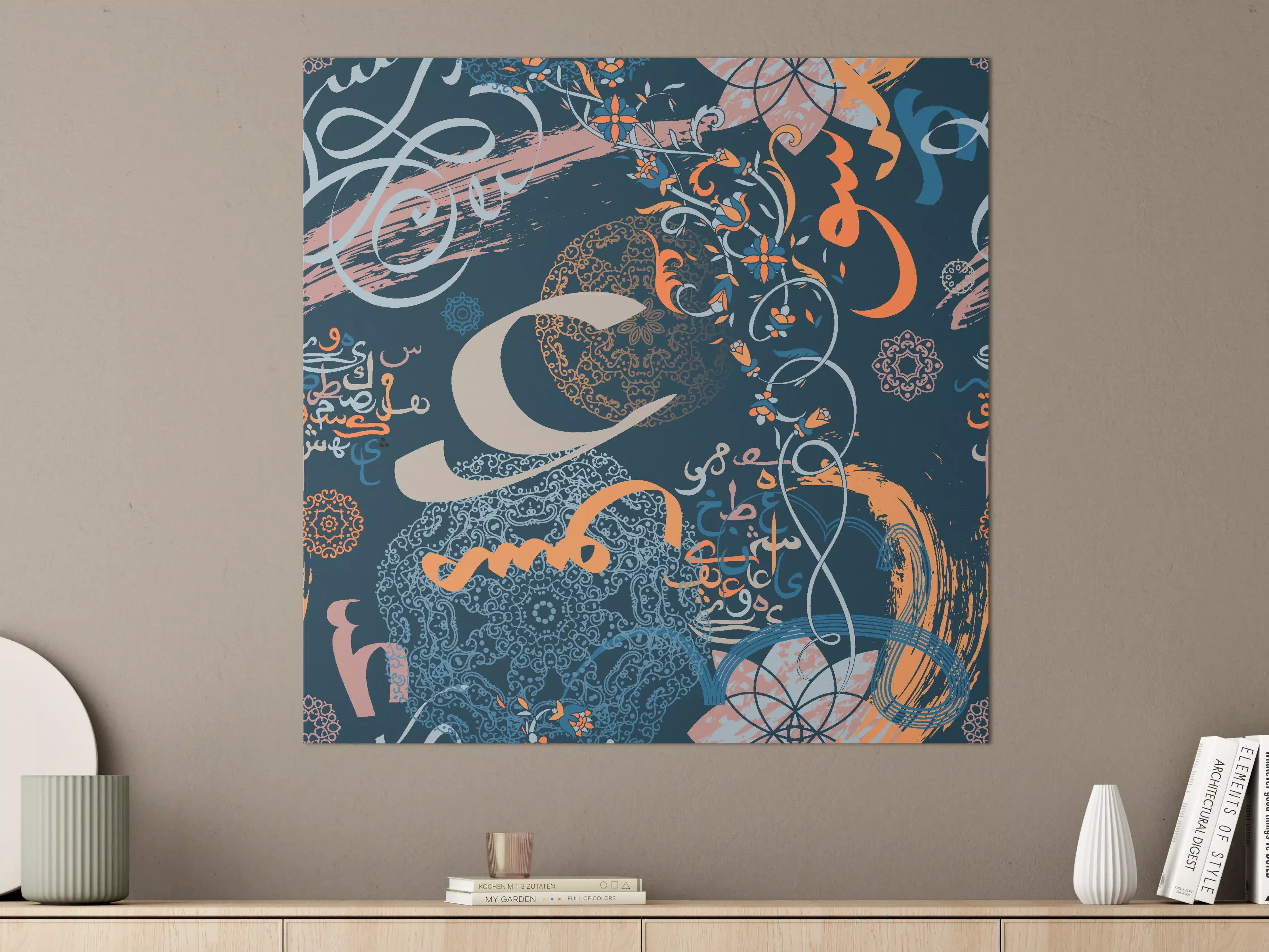 Große Wandbilder - Abstraktes Kunstwerk in dunklen Blautönen mit Orange-Details