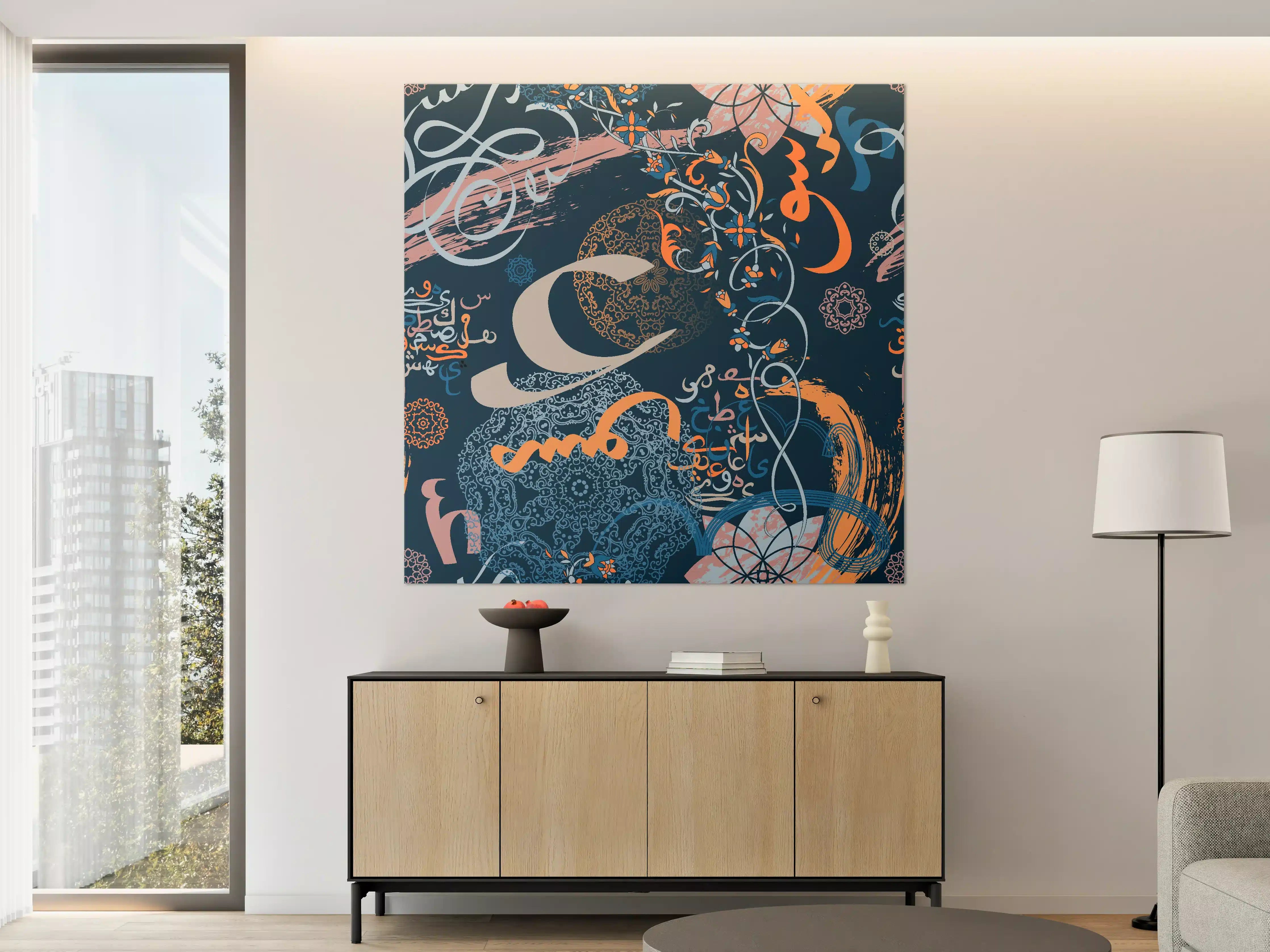 Große Wandbilder - Abstraktes Kunstwerk in dunklen Blautönen mit Orange-Details