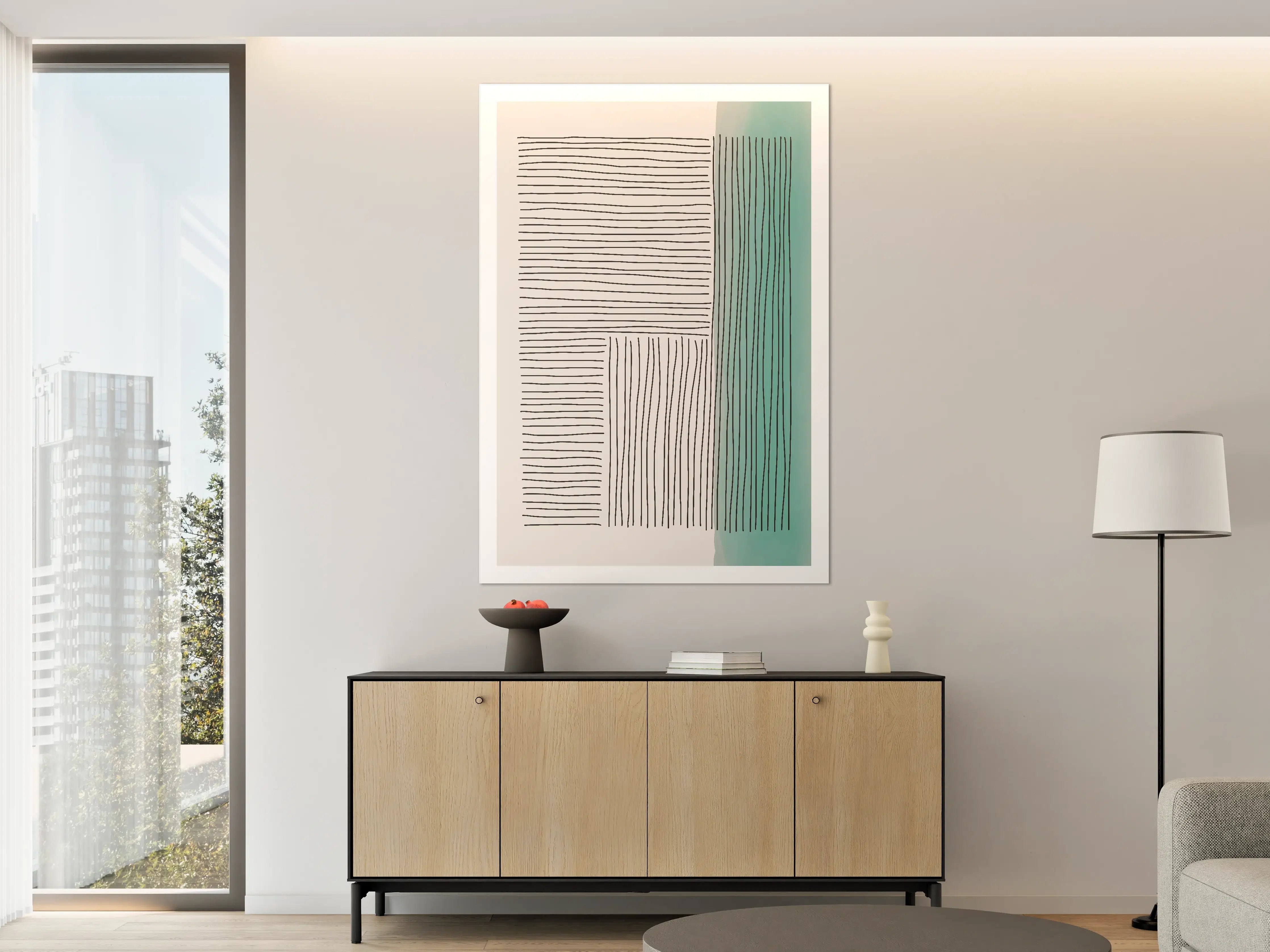 Große Wandbilder - Abstraktes Linienmuster mit aquamarinem Akzent