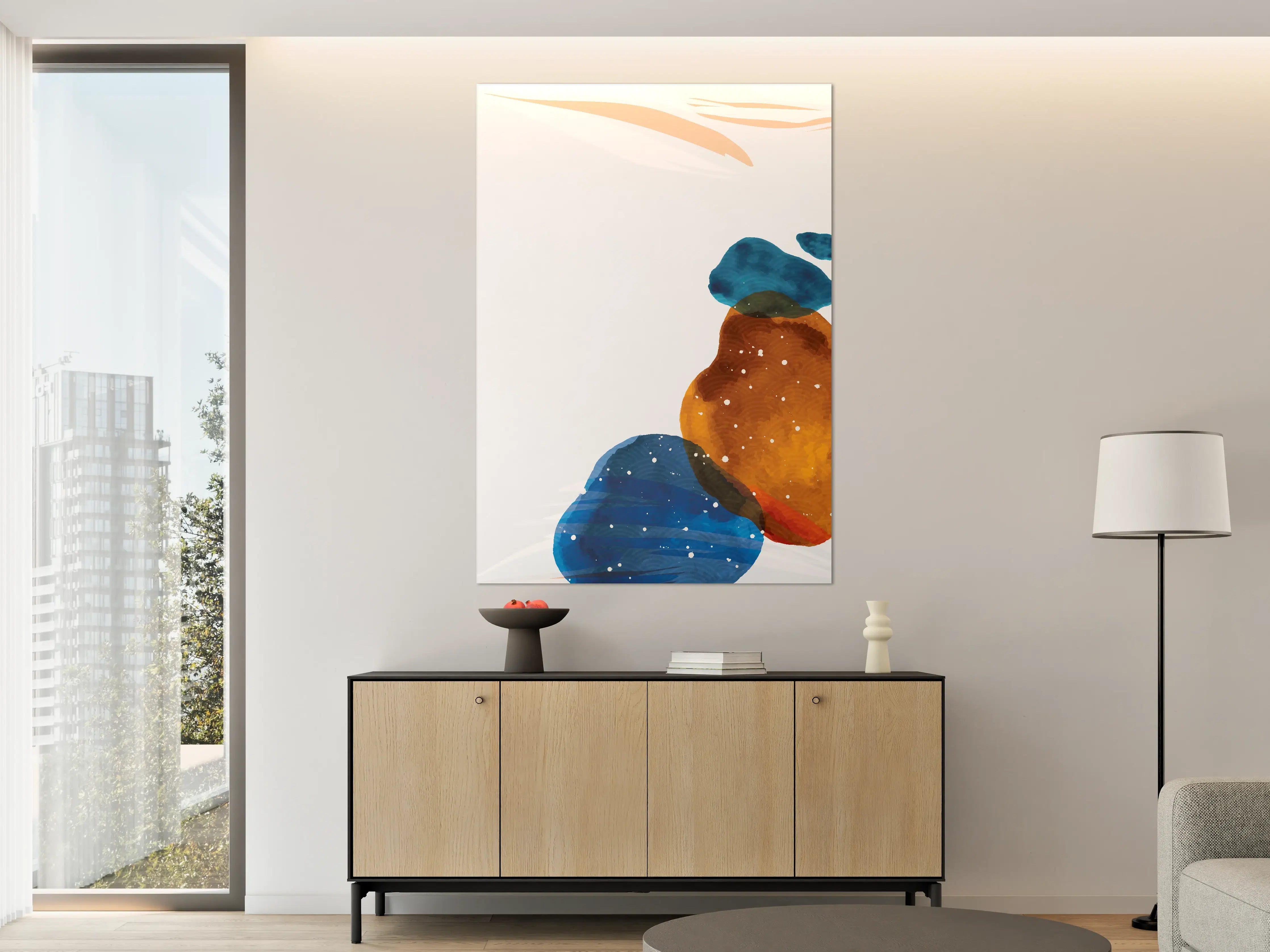 Große Wandbilder - Abstraktes Wasserfarben-Muster in Blau, Orange und Weiß
