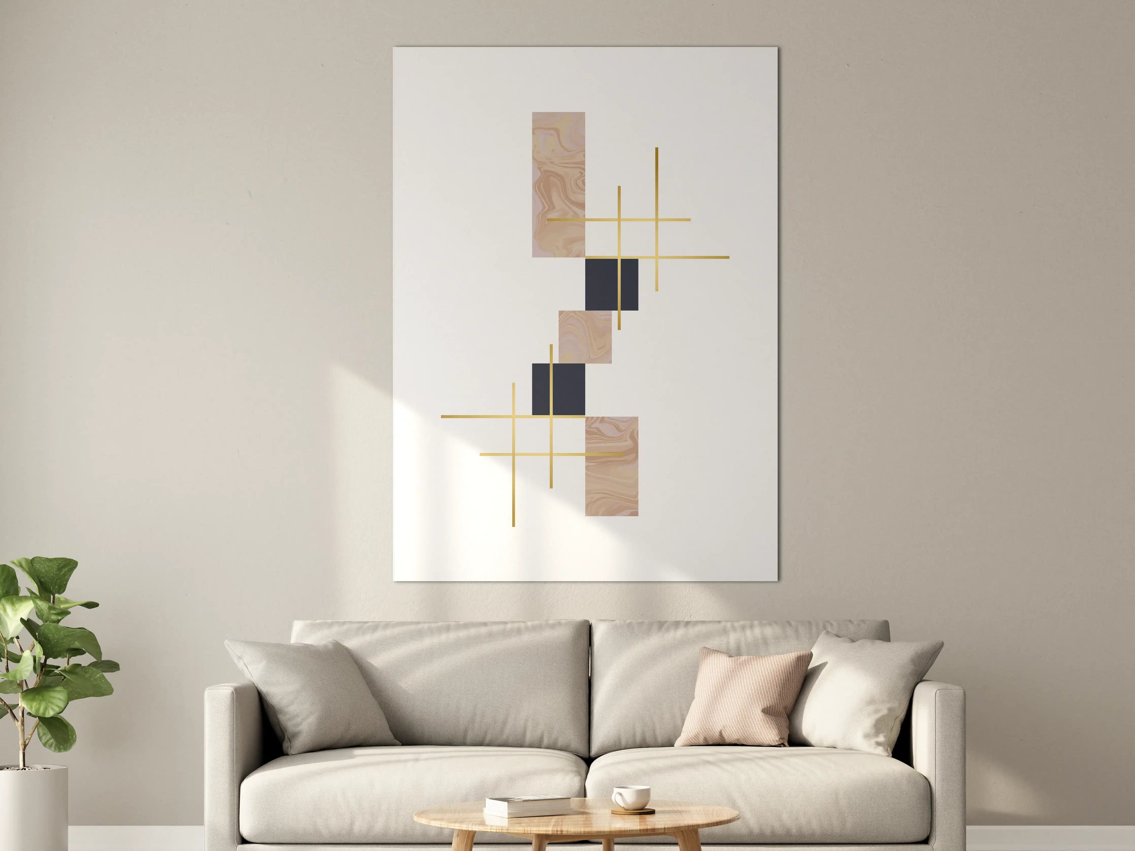 Große Wandbilder - Abstraktes geometrisches Wandbild in Natur- und Dunkel-Tönen mit Goldakzenten
