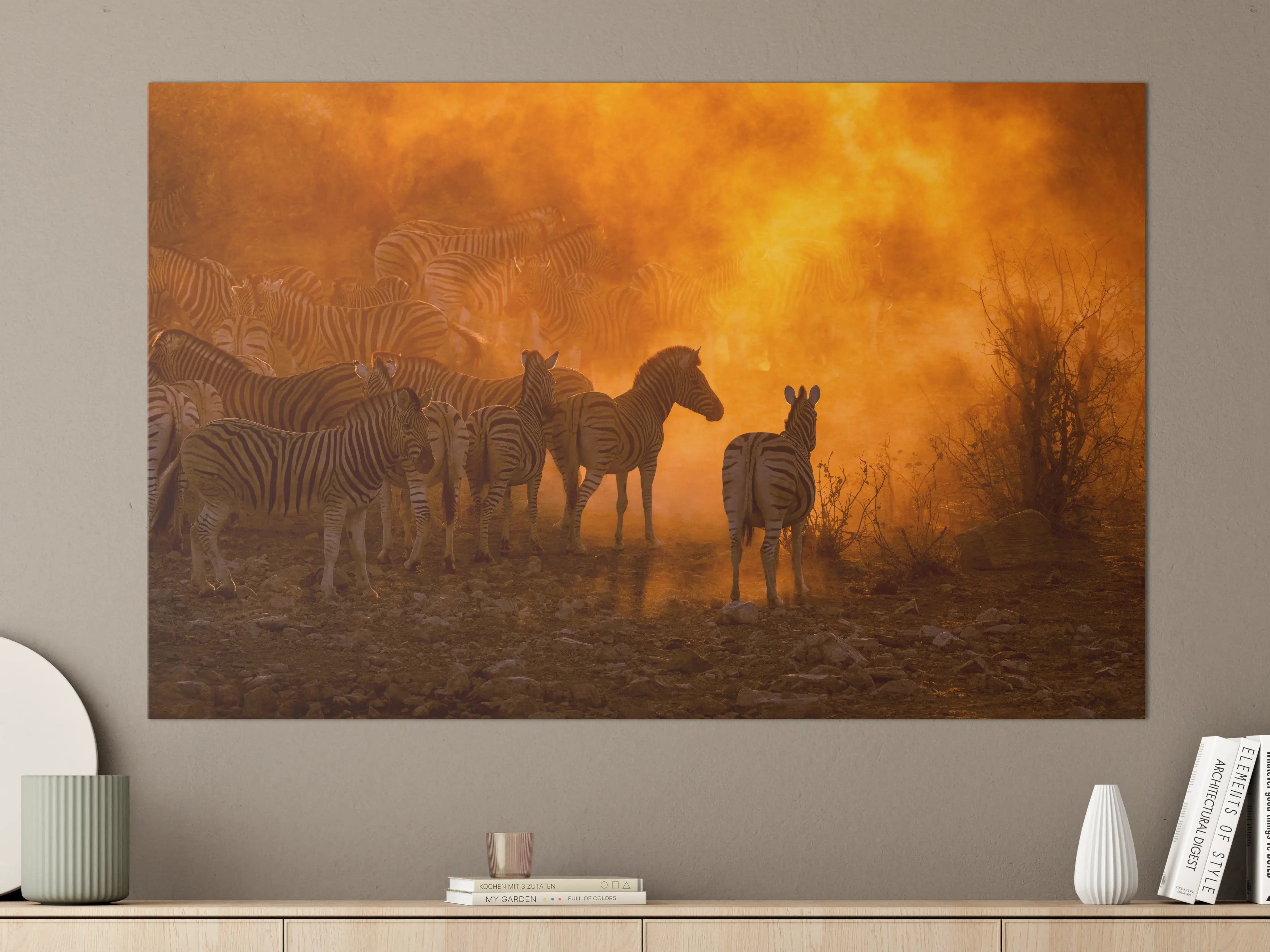 Große Wandbilder - Afrikanische Zebras bei Sonnenuntergang mit Feuerhintergrund