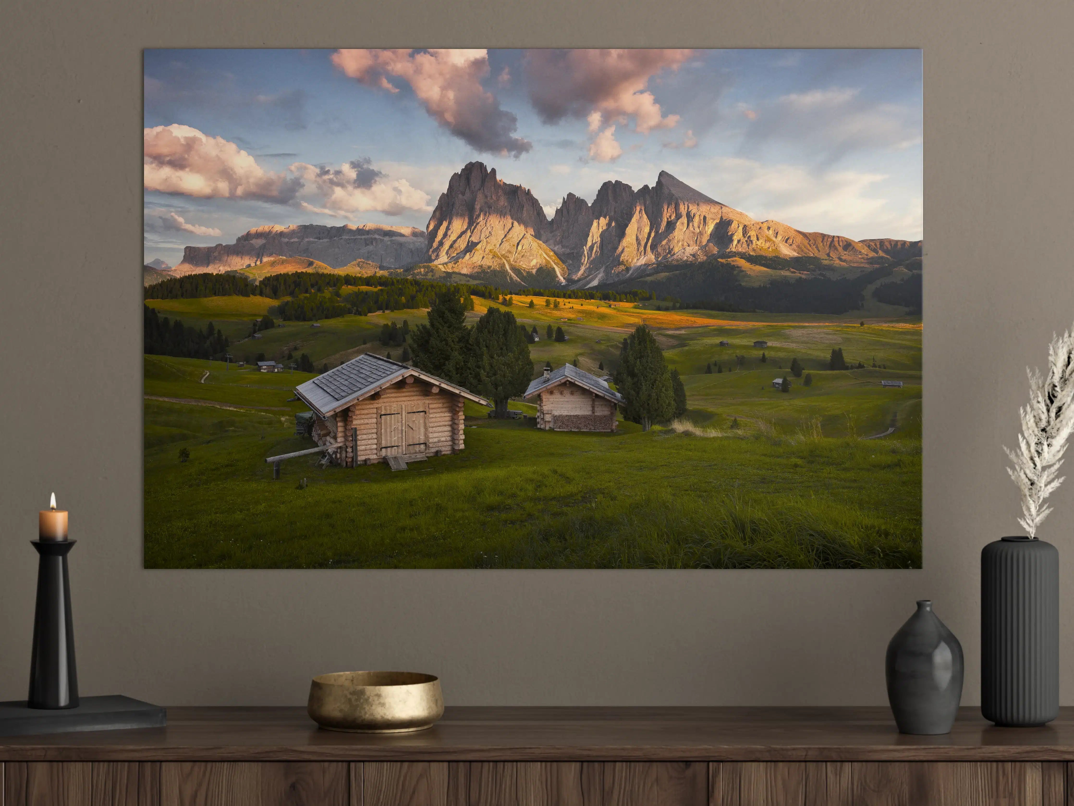 Große Wandbilder - Alpenhütten Sonnenuntergang Grün